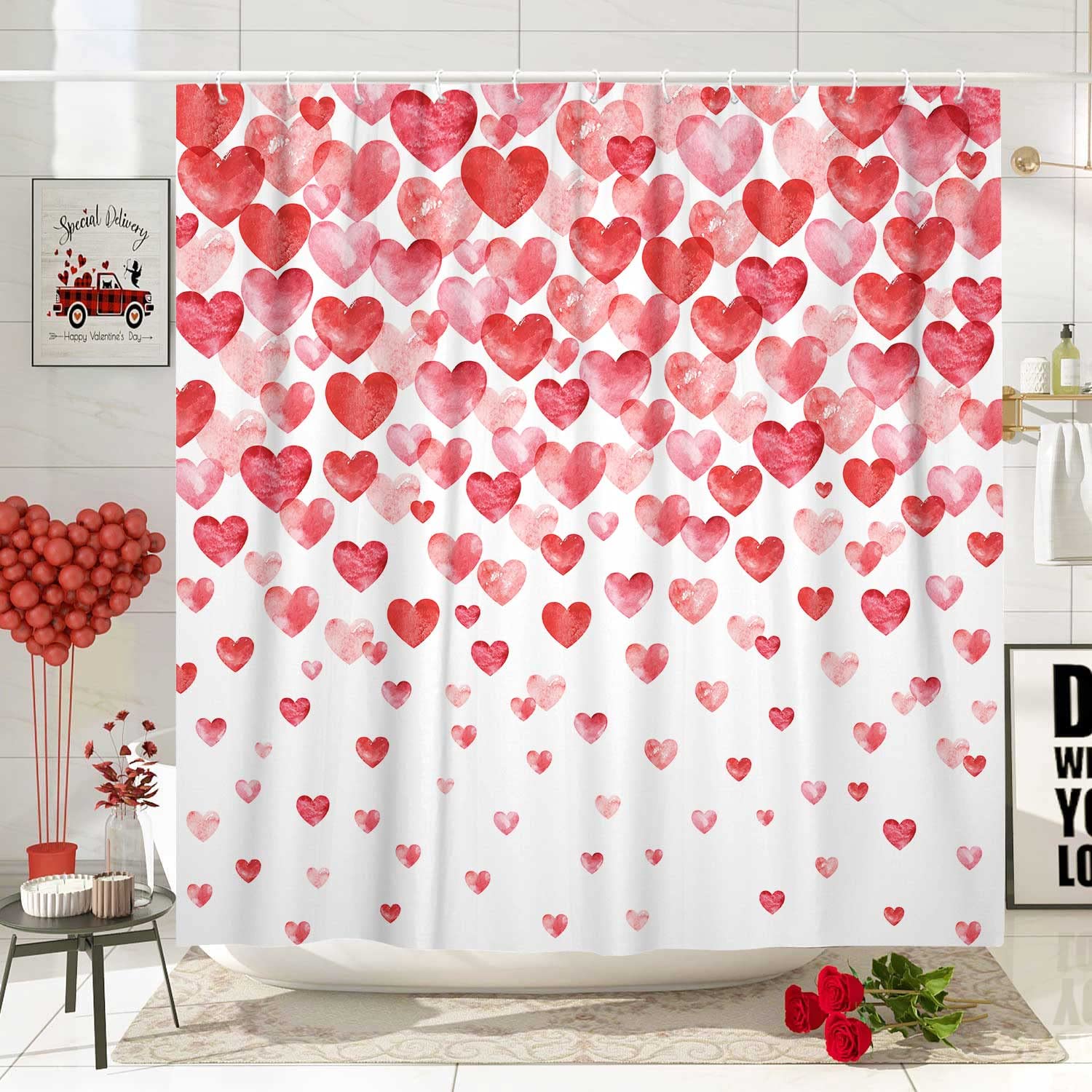 Valentines Day Shower Curtain, Watercolor Red Hearts With Falling Hearts Shower Curtain For Bathroom, Fabric Bathroom Accessorie