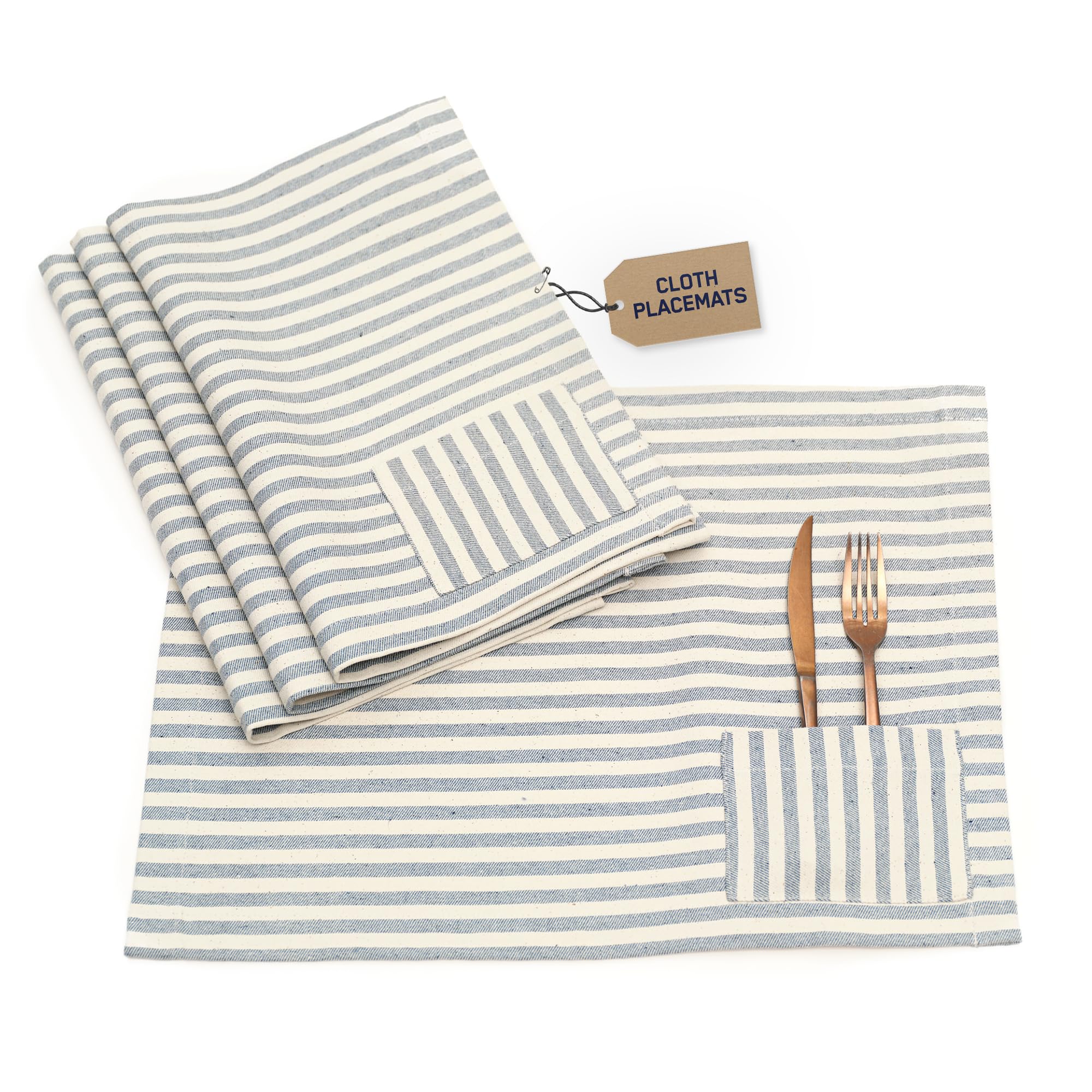 Meema Cloth Placemats With Pockets Set Of 4 | 14 X 20 In | Recycled Denim And Cotton Farmhouse Placemats - Striped | Washable Pl