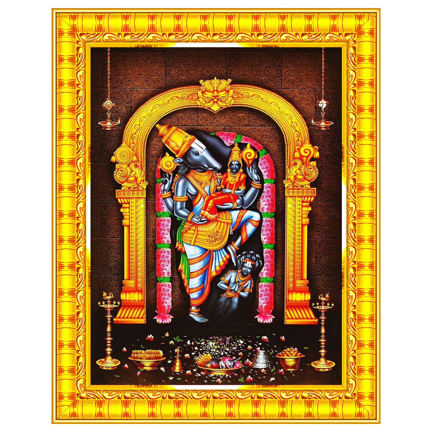 Pavan Photo Laminations Varaha Swamy Lakshmi Devi Lord Varah Varahar Wall Painting Framed Home Decor (Wood,Matte,Gold,Small Size