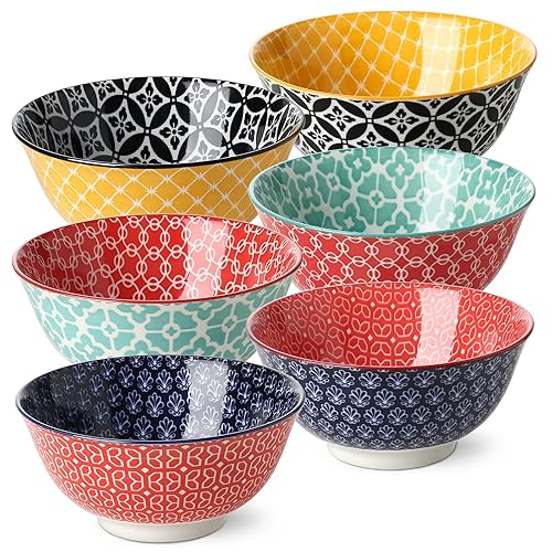 DOWAN 23 OZ Colorful Bowls Set of 6 - Ceramic Bowls for Soup  Cereal  Fruit - Vibrant Patterned Porcelain Bowls for Kitchen Decor & Housewarming Gift - Dishwasher & Microwave Safe