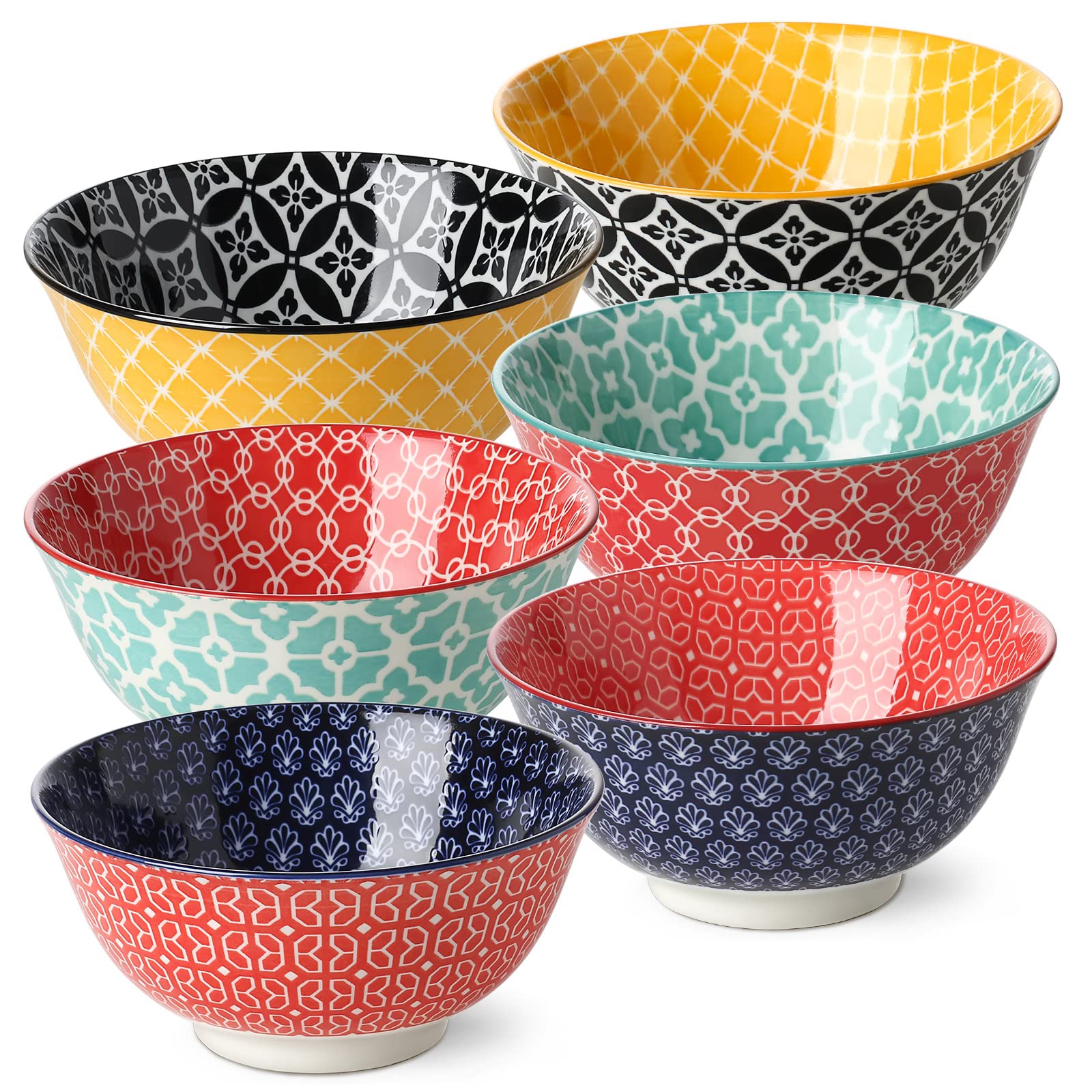 DOWAN 23 OZ Colorful Bowls Set of 6 - Ceramic Bowls for Soup  Cereal  Fruit - Vibrant Patterned Porcelain Bowls for Kitchen Decor & Housewarming Gift - Dishwasher & Microwave Safe