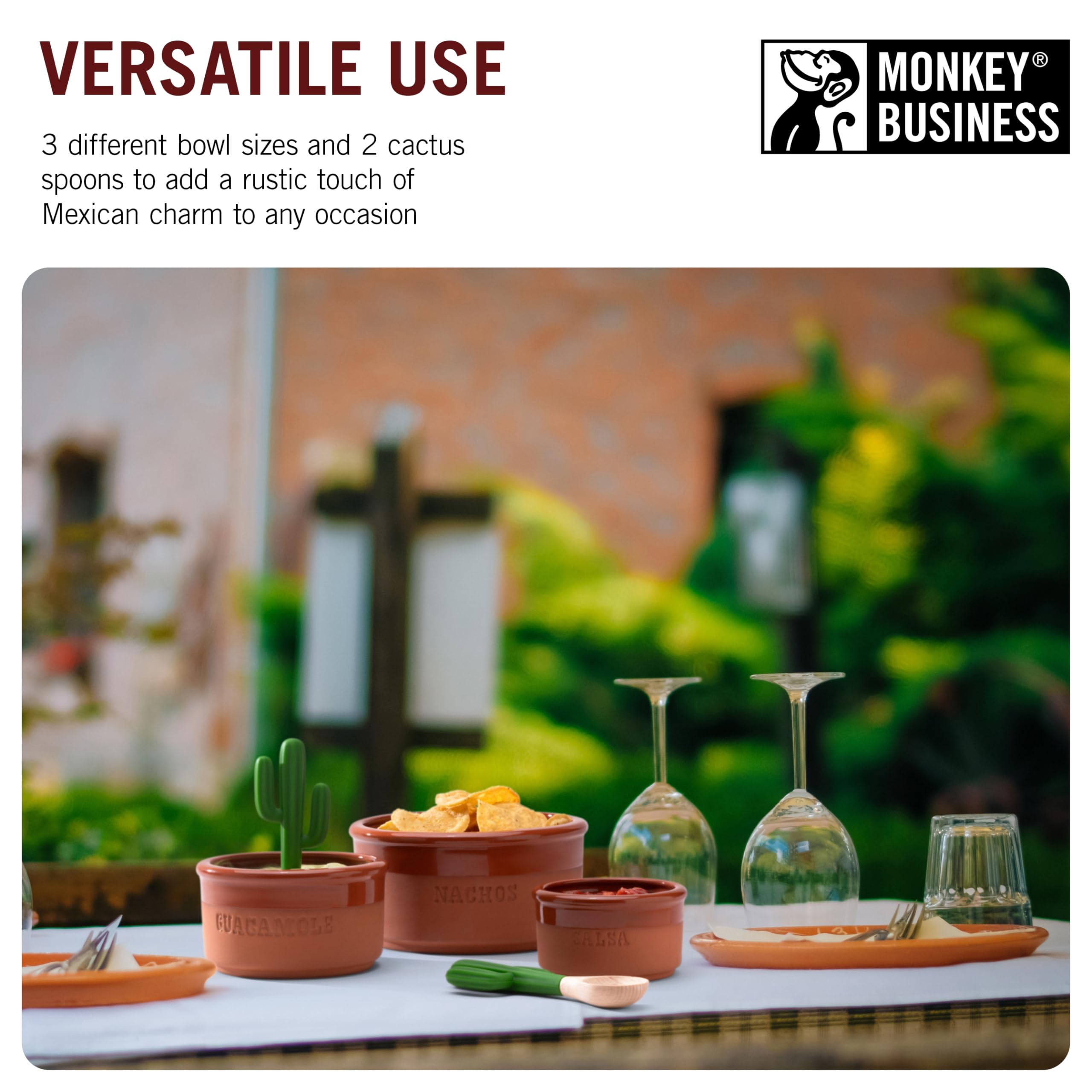 Monkey Business Bowlero Dipping Bowls Set, Terracotta Serving Bowls With 3 Dipping Sauce Bowls And 2 Dip Spoons, Decorative Mexi