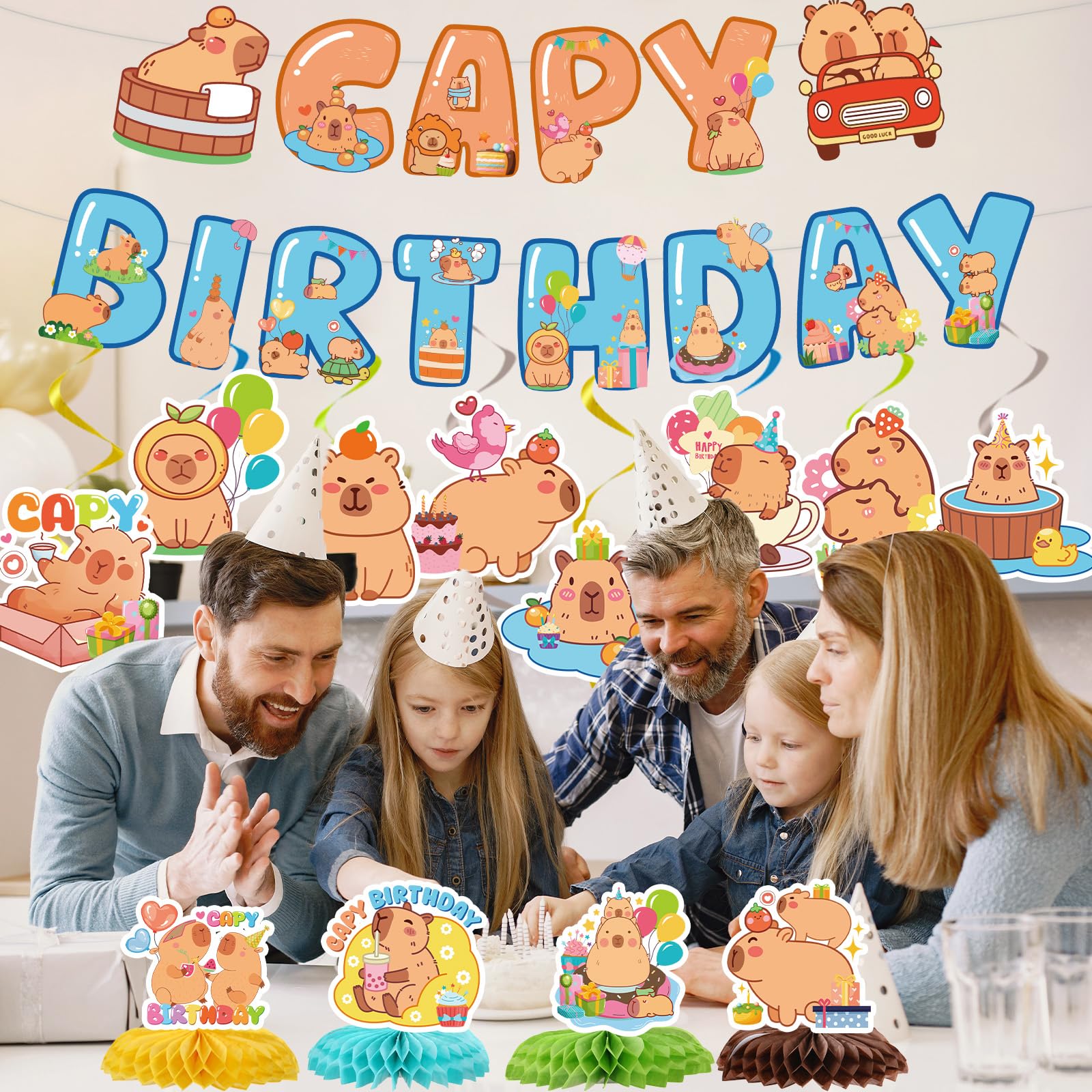 Lovarywow Capybara Birthday Party Decorations - 14PCS Capybara Banners with Hanging Swirls Bday Decoration Cute Capy Animals Hon