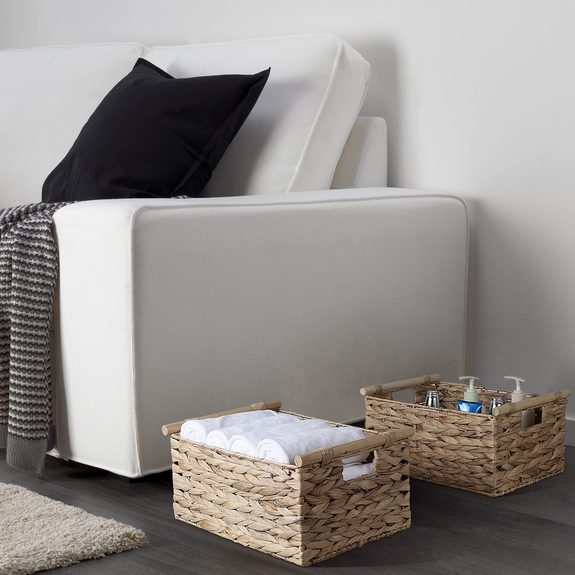 Bstnasi Natural Water Hyacinth Storage Baskets For Organizing Small Wicker Baskets With Handles, Woven Rectangle Baskets For Sto