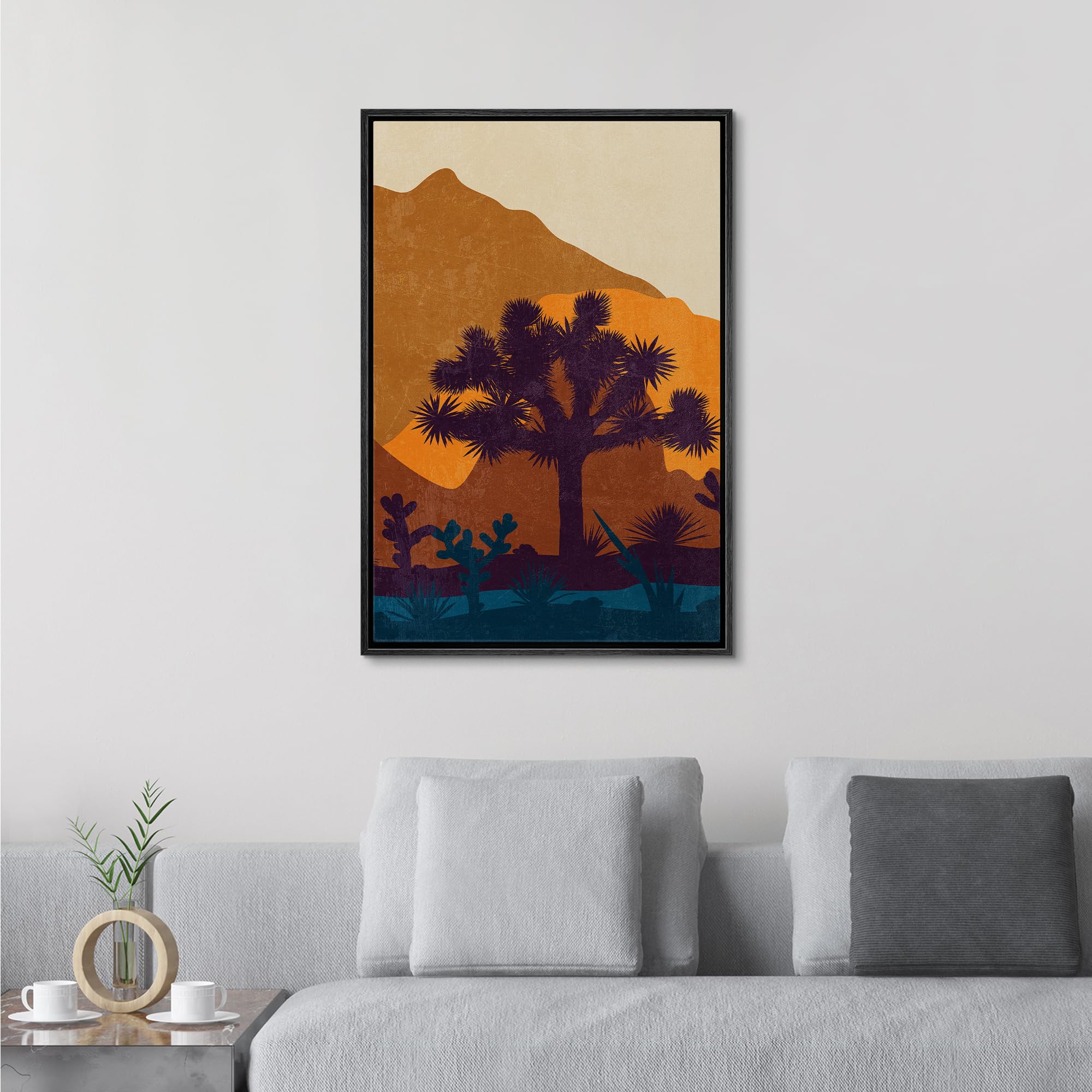Signford Framed Canvas Print Wall Art Colorful Desert Landscape With Palm Tree Silhouettes Nature Wilderness Illustrations Decor
