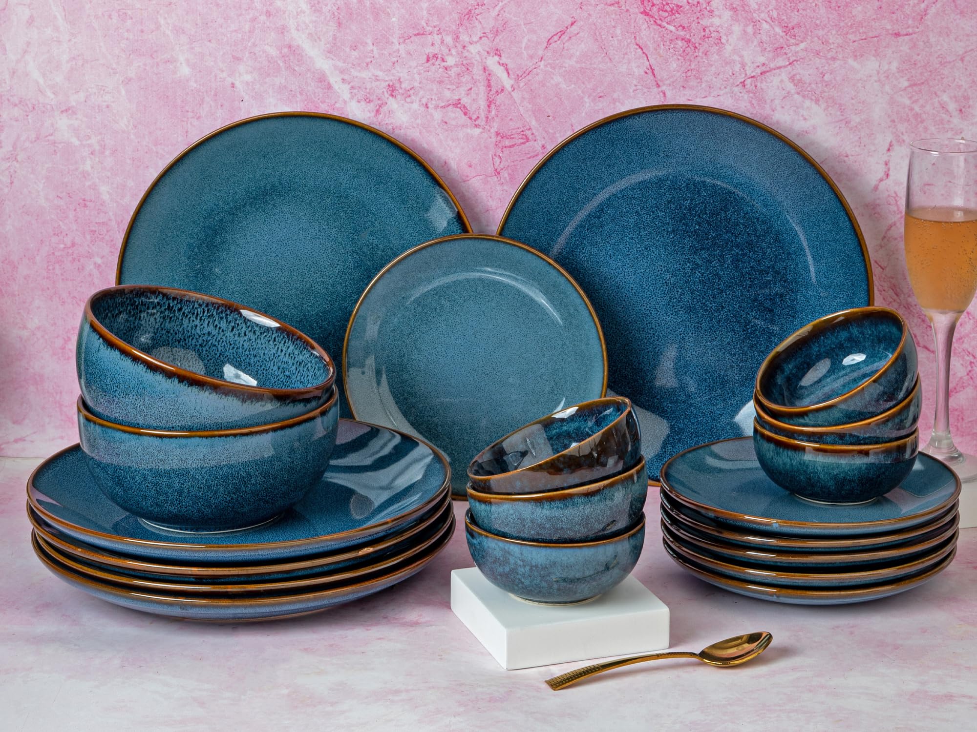 Bodhi House Handcrafted Stoneware Reactive Glaze Ceramic Dinner Set, 20 Pieces Serving For 6, Microwave And Dishwasher Safe, Bon