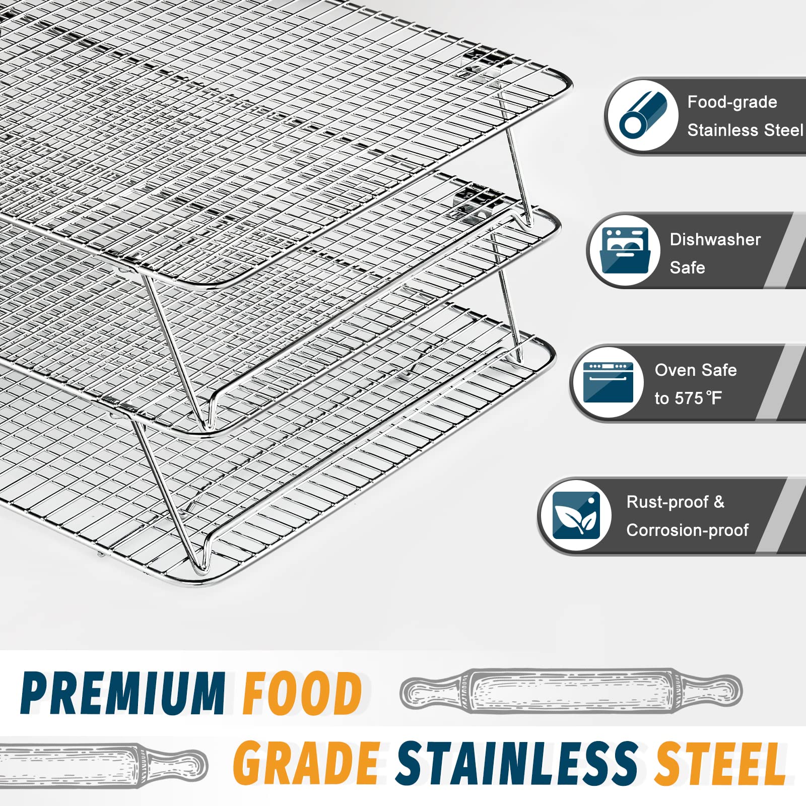 HIWARE Stainless Steel Stackable Cooling Rack for Baking  3 Tier 11.8?x 16.5? Oven & Dishwasher Salf and Fit Half Sheet Wire Cooling Racks for Cookie  Pizza  Cake