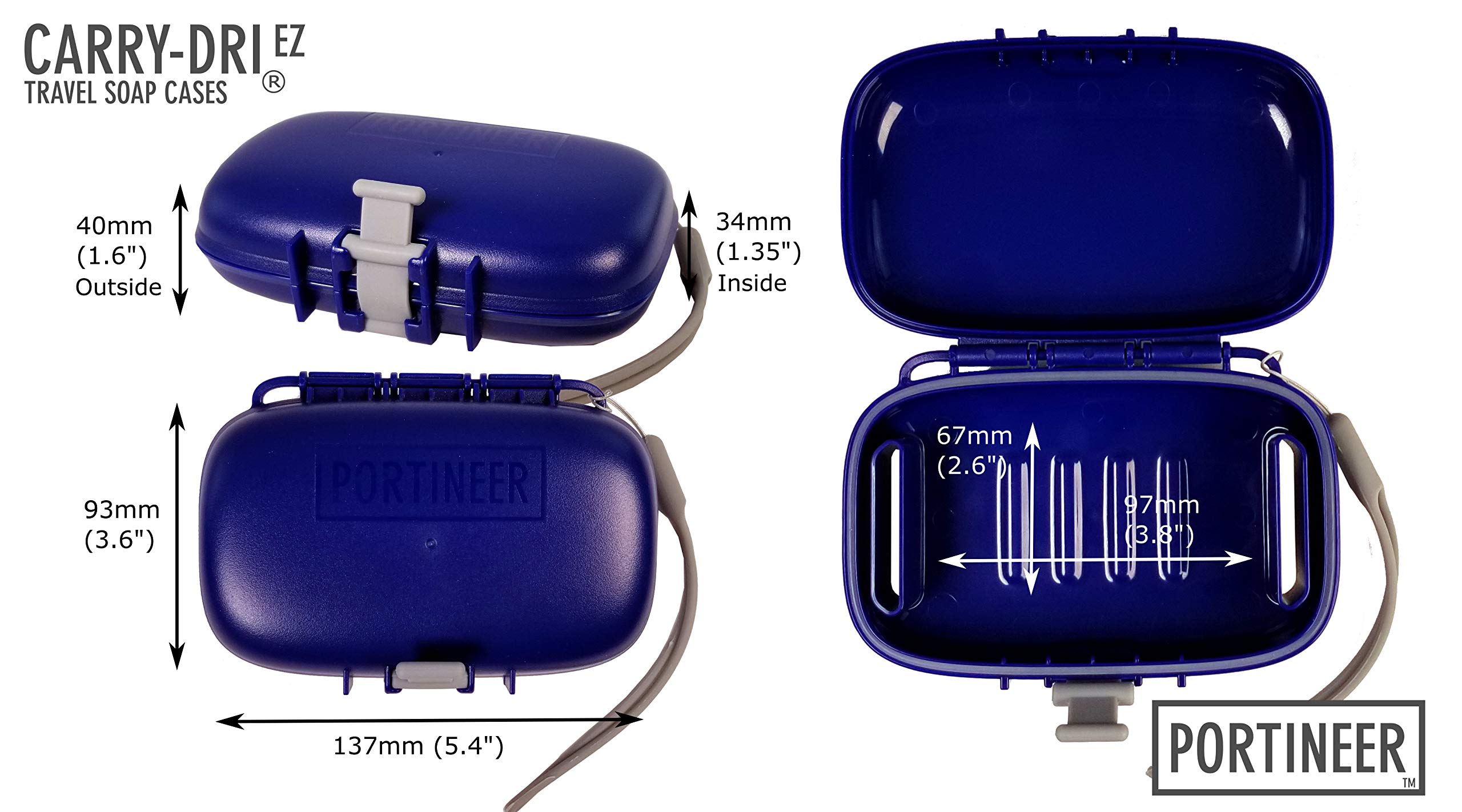 Carry-Dri EZ Travel Soap Container by PORTINEER - Soap Bar Case Lets Soap Dry with Lanyard  Silicone Closure  Soap Holder Travel  Leakproof Soap Box with Patented Vents  Travel Soap Dish  Blue-Grey