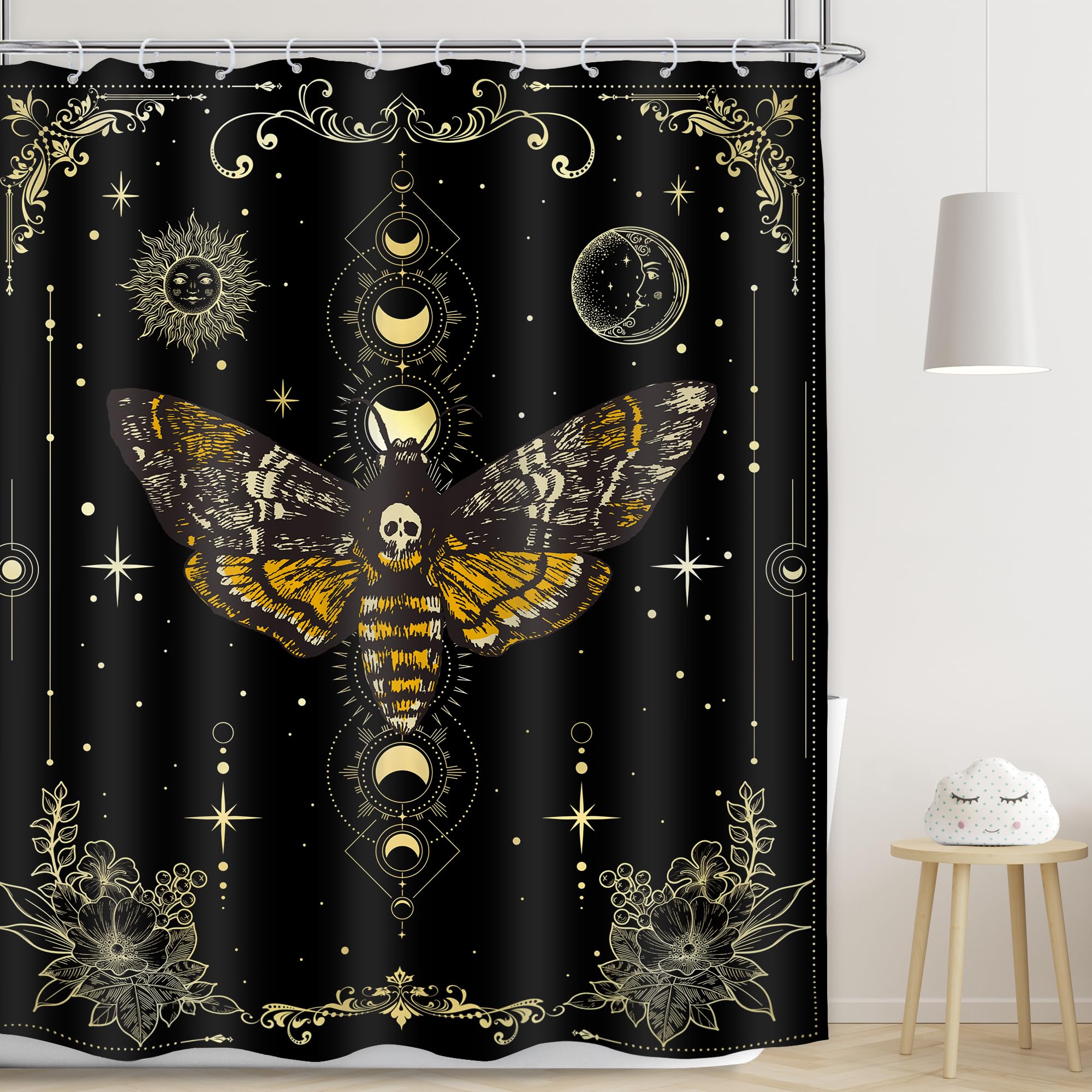Lghtyro Skull Moth Gothic Shower Curtain Bathroom Set 60Wx71H Inches Witchy Moon Phase Black Gold Death Head Fairy Spooky Celest