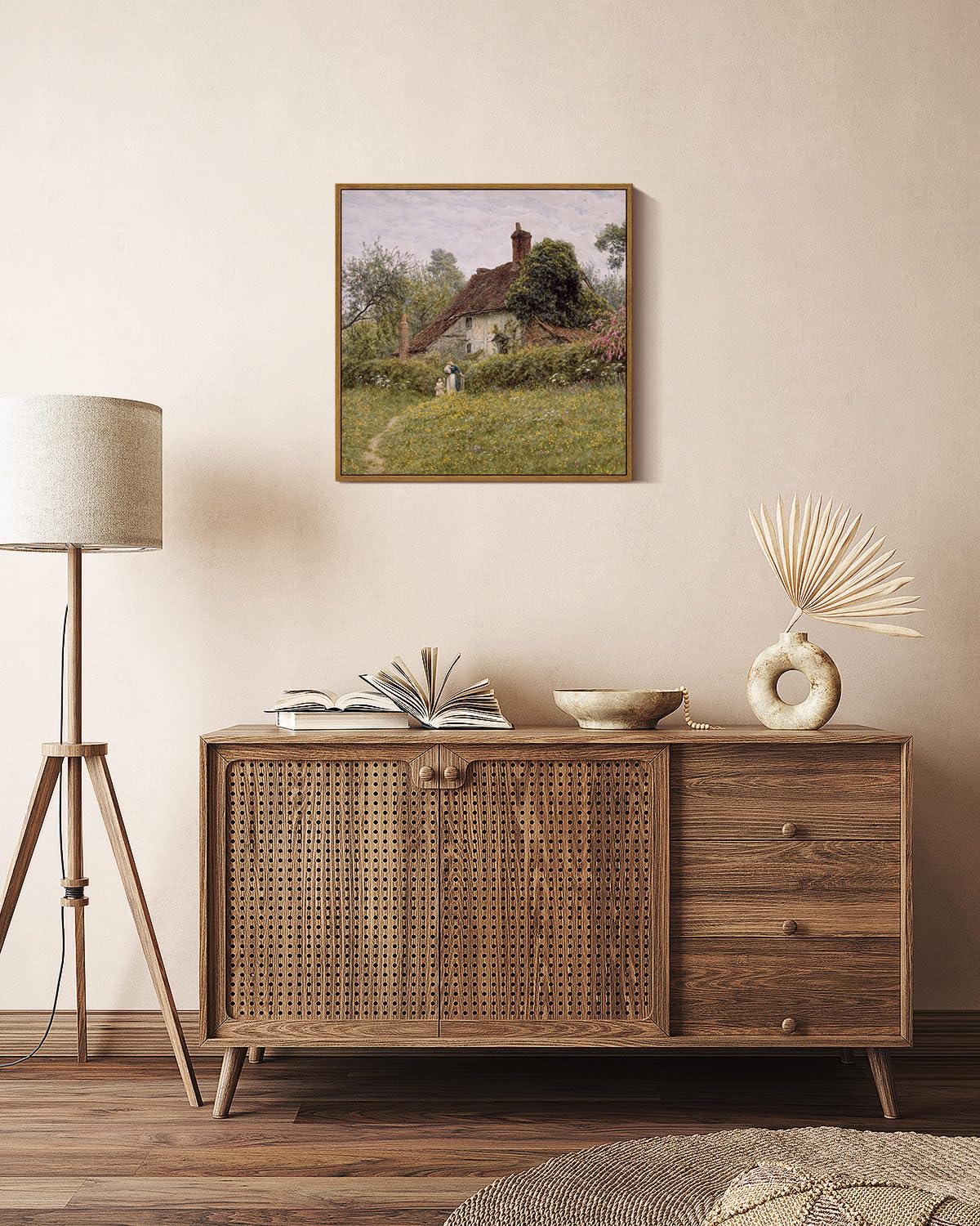 Insimsea Square Framed Canvas Wall Art, Vintage Landscape Prints Old Cottages Countryside Landscape Large Canvas Wall Art, Rusti