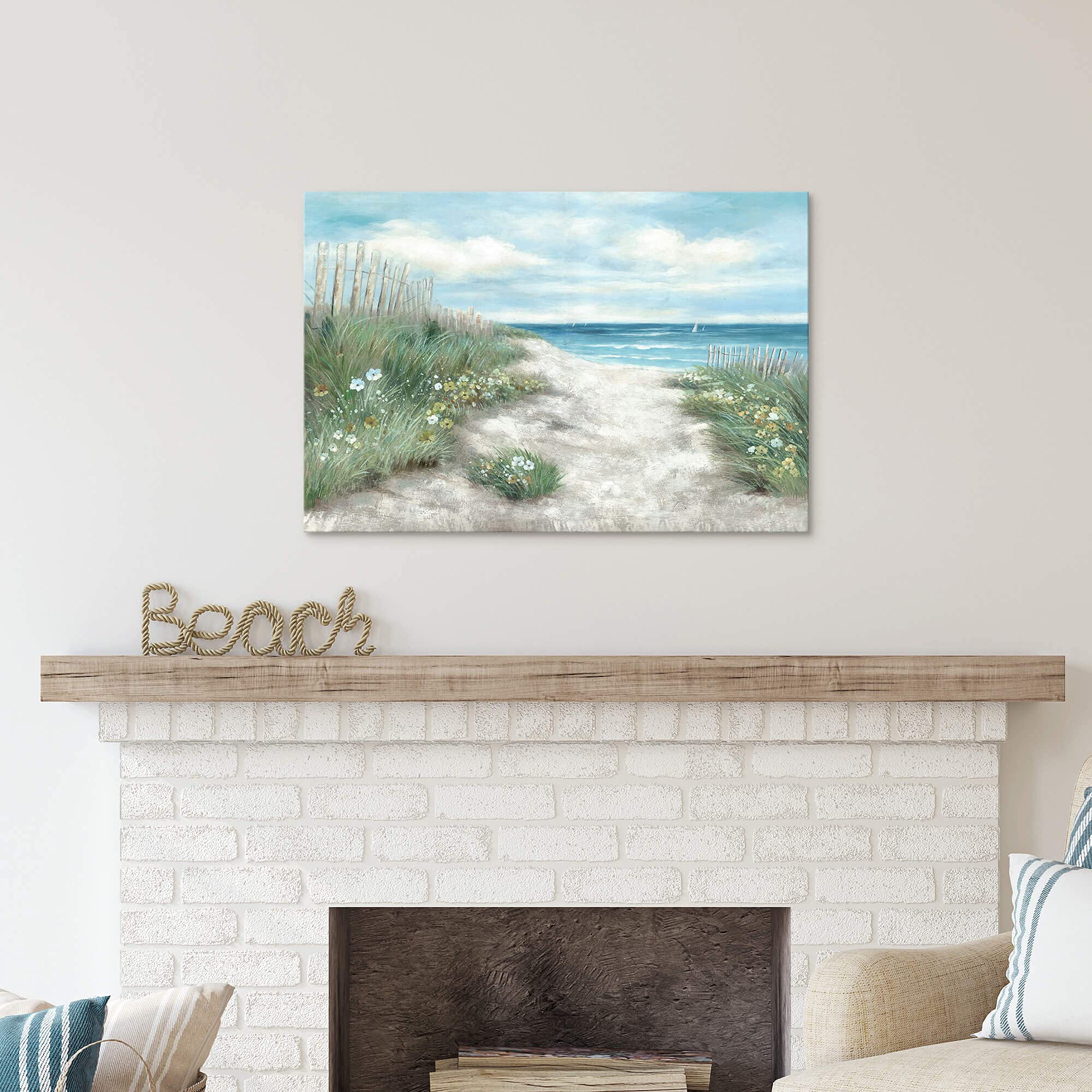 Wallsup Decor Abstract Beach Coastal Painting Canvas: Flower & Straw With Blue Sky Wall Art Seascape Artwork Picture For Living