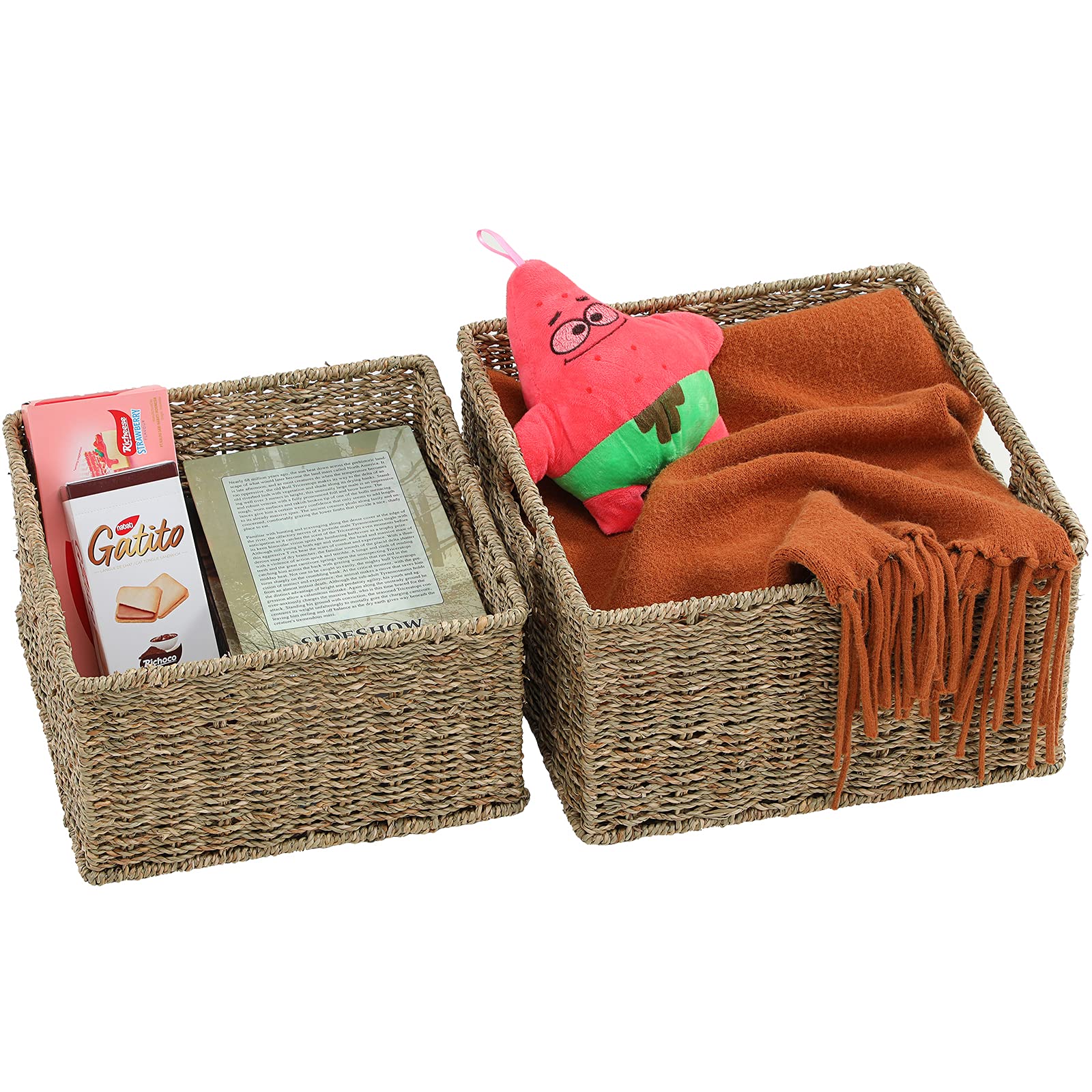 HOONEX Wicker Storage Baskets for Organizing  Decorative Woven Seagrass Baskets for Storage with Carrying Handles  Set of 2  Natural