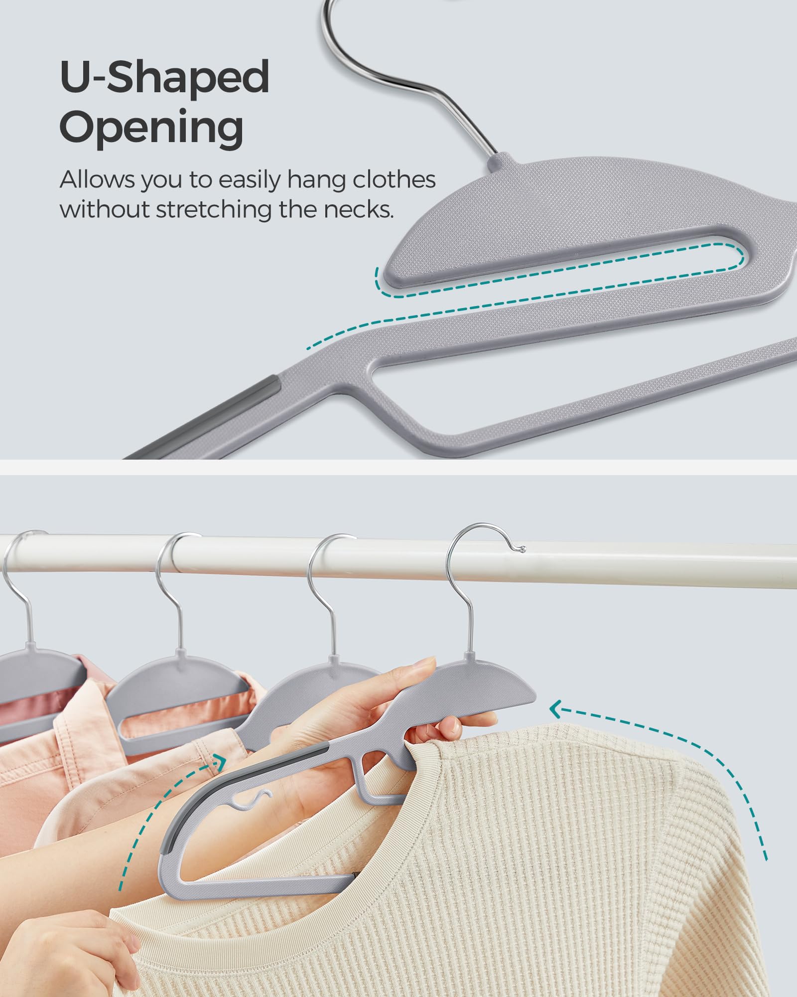 Songmics 50 Pack Coat Hangers, Heavy-Duty Plastic Suit Hangers, S-Shaped Opening, Space-Saving, 360 Swivel Hook, 16.3 Inches Wid