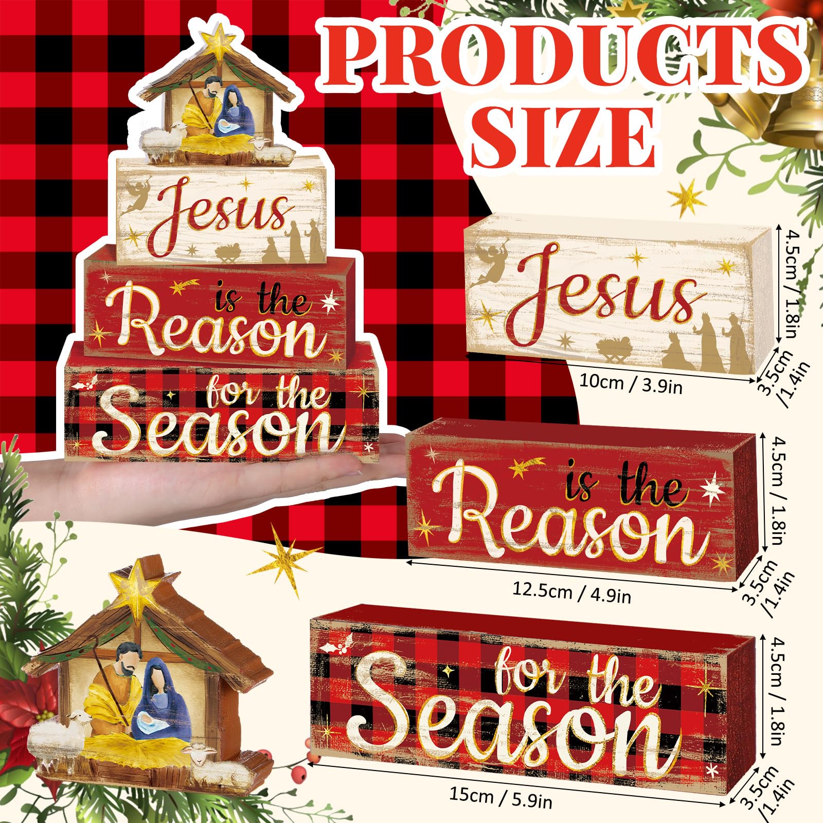 Moucuny 4 Pcs Nativity Sets Table Decor Wooden Nativity Scene Decoration Christmas Tiered Tray Decor Holy Night Centerpieces Far