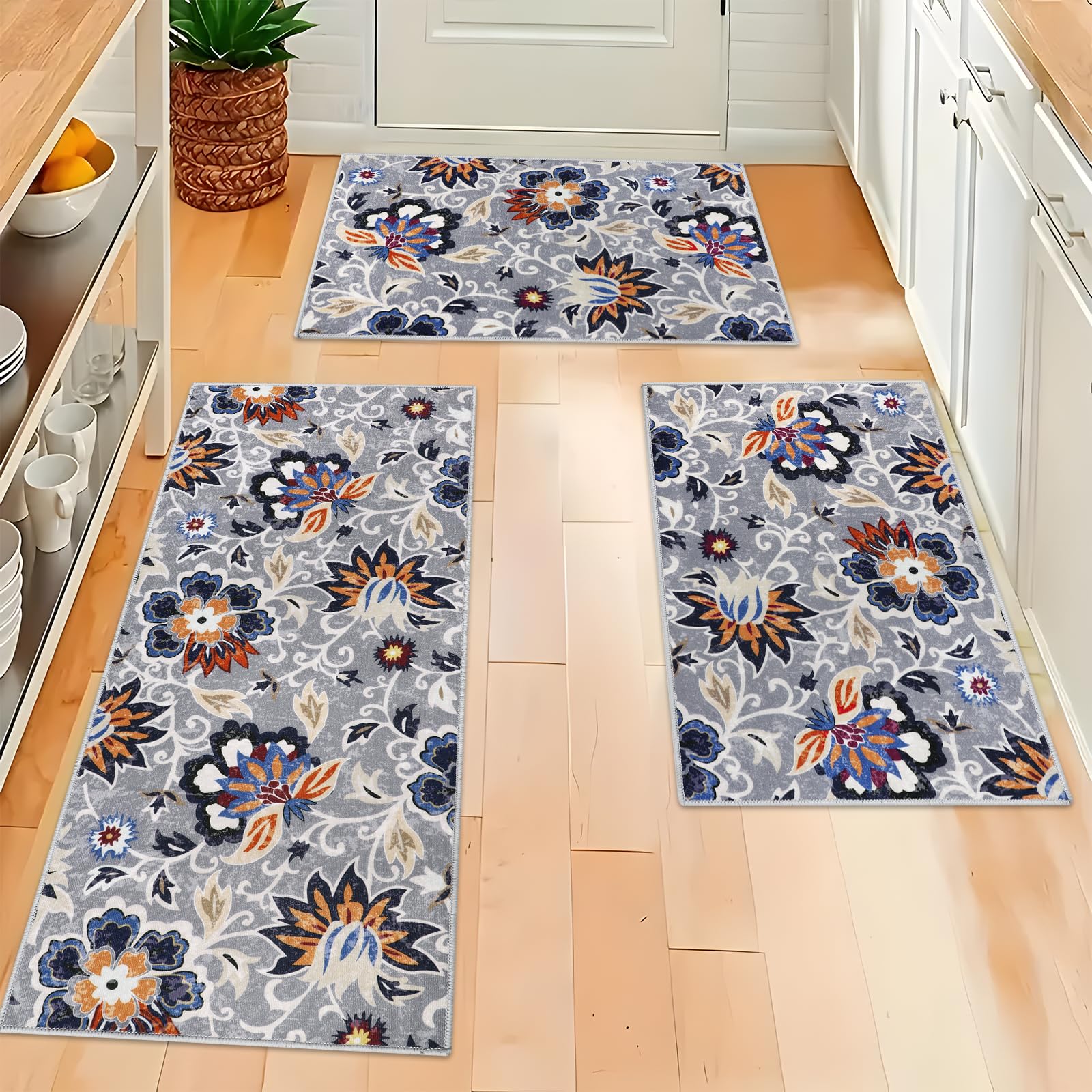 Homcomoda Boho Kitchen Mats 3 Piece Set Kitchen Rugs Non Slip Kitchen Mats for Floor Washable Kitchen Rugs and Mats Floral Kitch