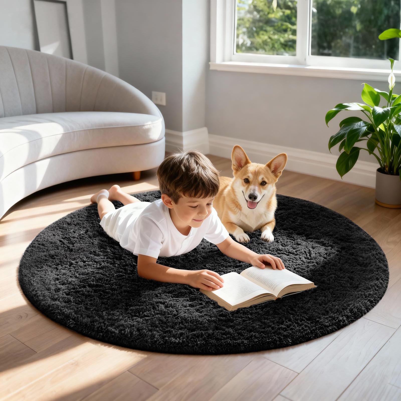 Ophanie Round Rug 4Ft Black Circle Area Rug, Room Decor for Men, Fluffy Fuzzy Bedroom Carpet, Plush Soft Shaggy Living Room Rugs