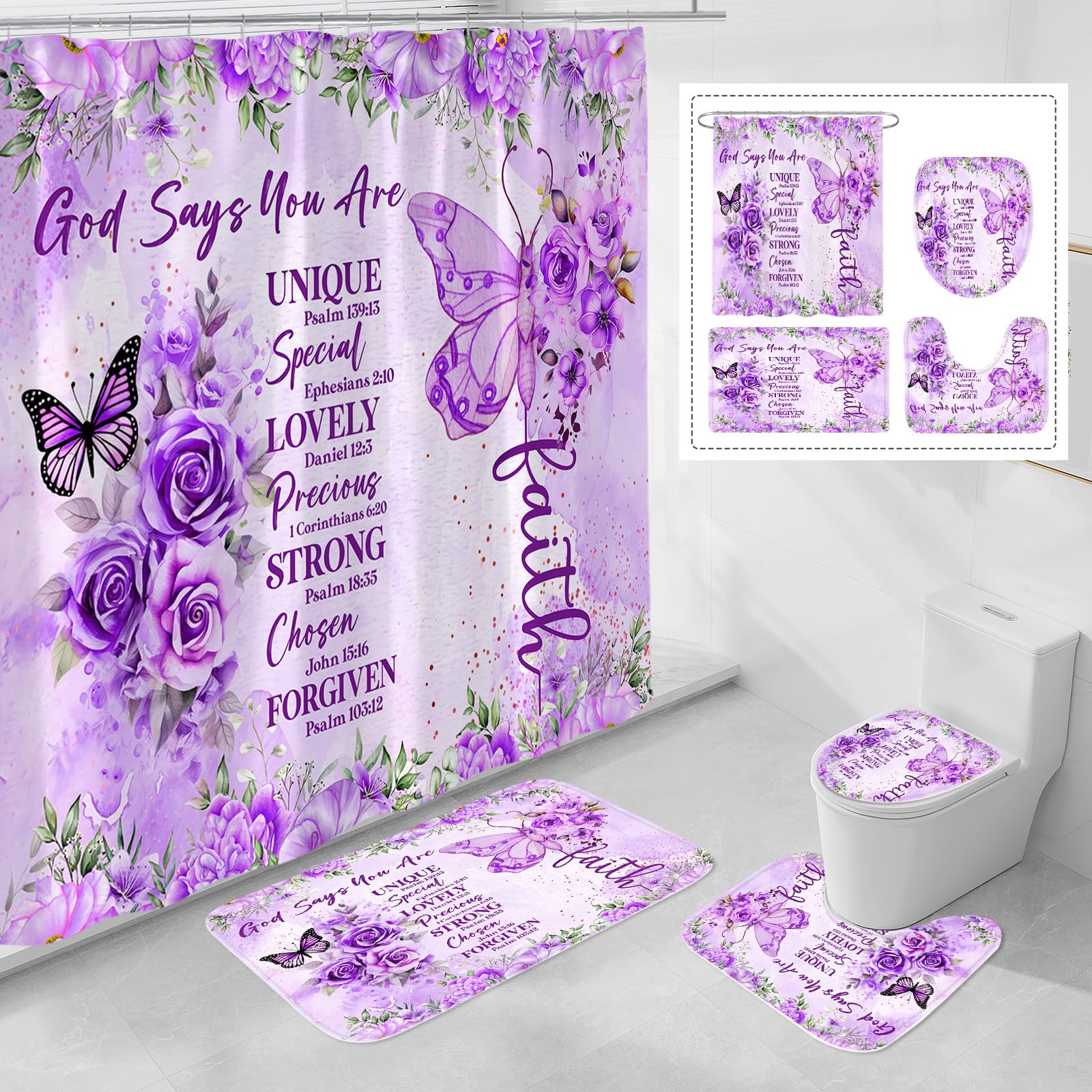 Litabel 4 Pcs Purple Butterfly Inspirational Quotes Shower Curtain Set With Rugs And Toilet Lid Cover, Colorful Boho Waterproof