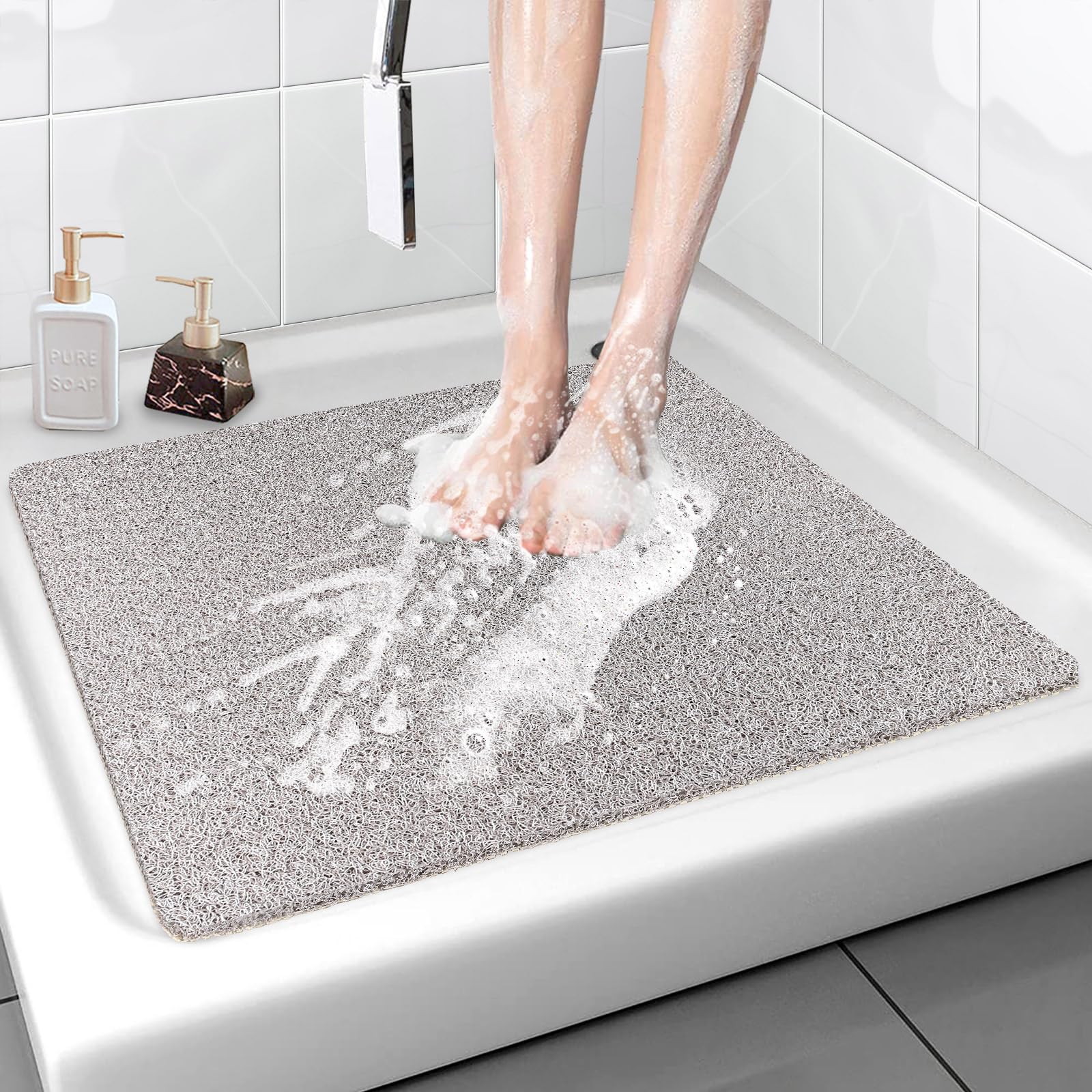 Shower Mat Bathtub Mat Non-Slip - 24x24 Inch, Soft Comfort Bath Mat with Drainage Holes, PVC Loofah Massage Bathmat for Shower, 