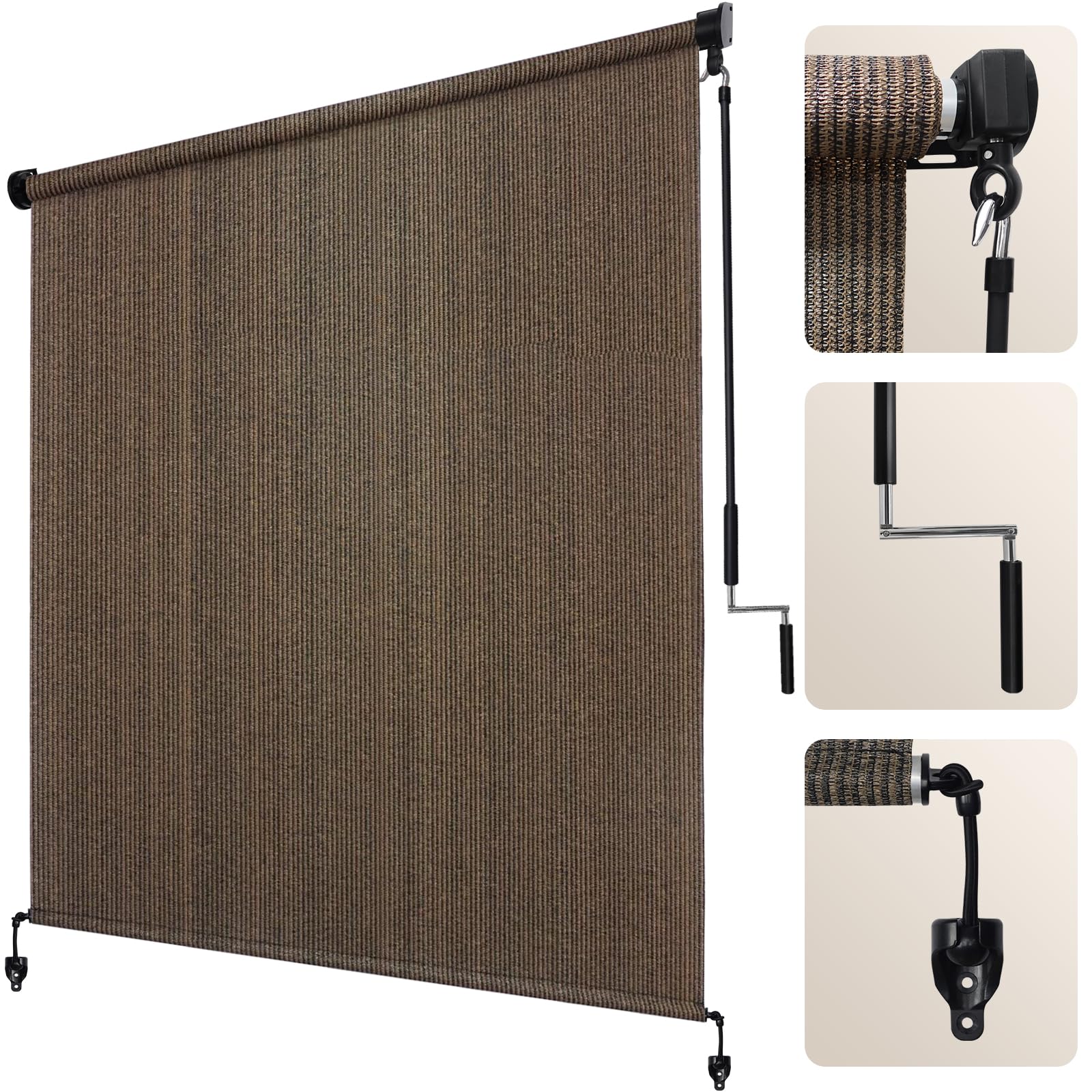 Artpuch Outdoor Roller Shade 10 W x 8 H, Mocha Exterior Cordless Patio Shades Roll Up Blinds with Spliced Pole Design, One-Pie