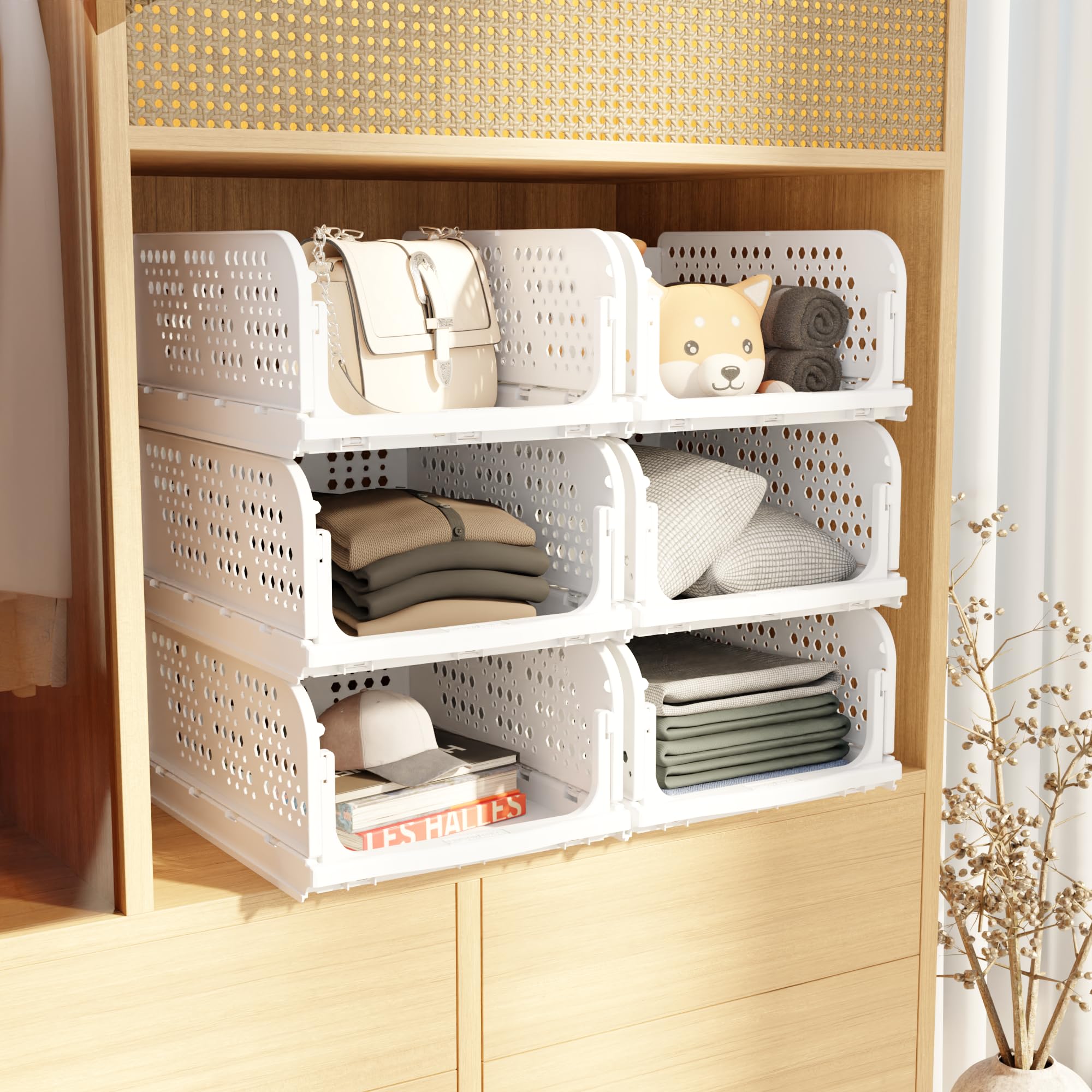 Amazon Basics Clothes Organizer For Wardrobe | Foldable & Stackable Closet Organizer| 6 Pieces| White|Foldable Shirt Storage Sta