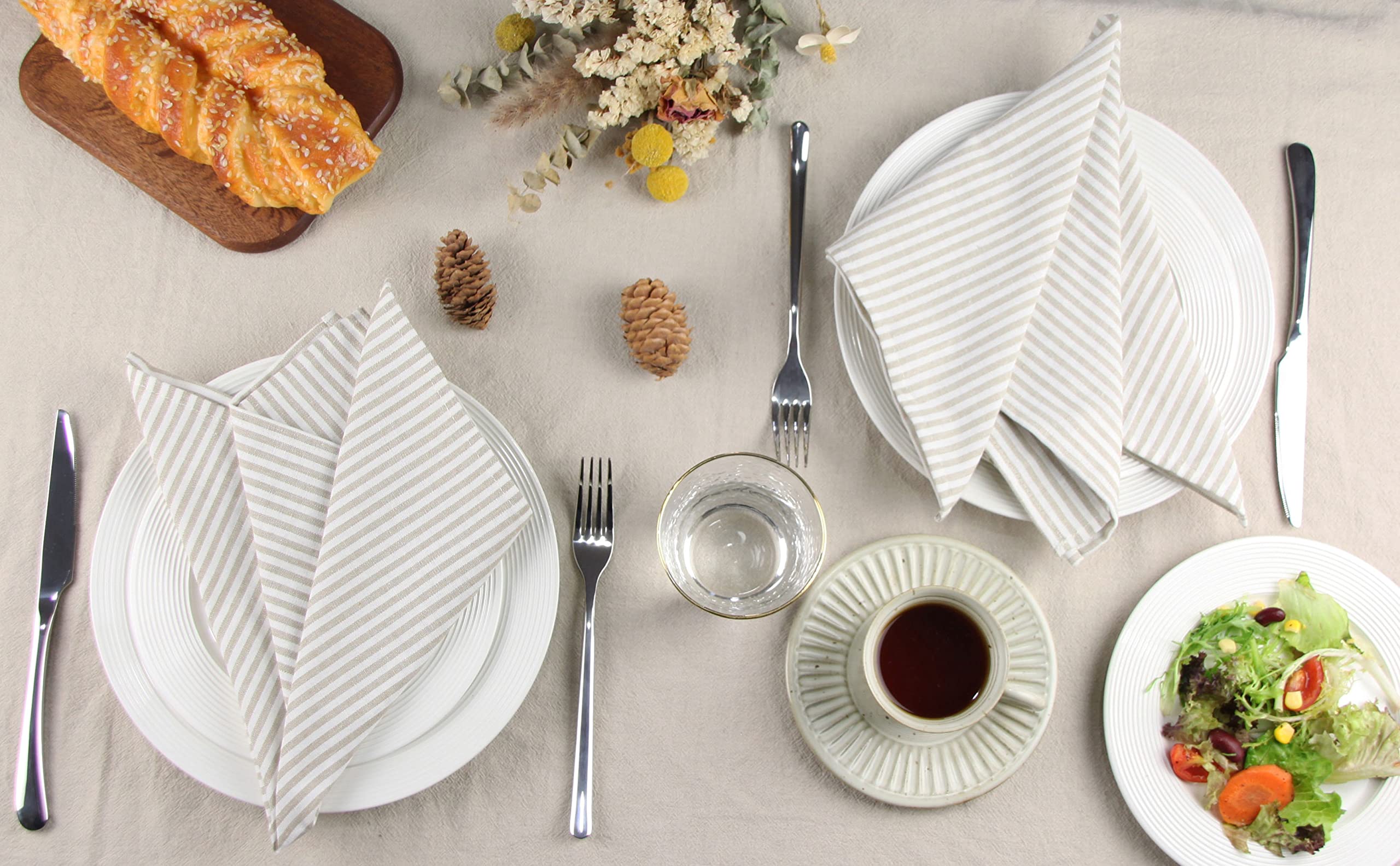 Infei Plain Striped Cotton Linen Blended Dinner Cloth Napkins - Set Of 12 (17 X 17 Inches) - For Events & Home Use (Beige)