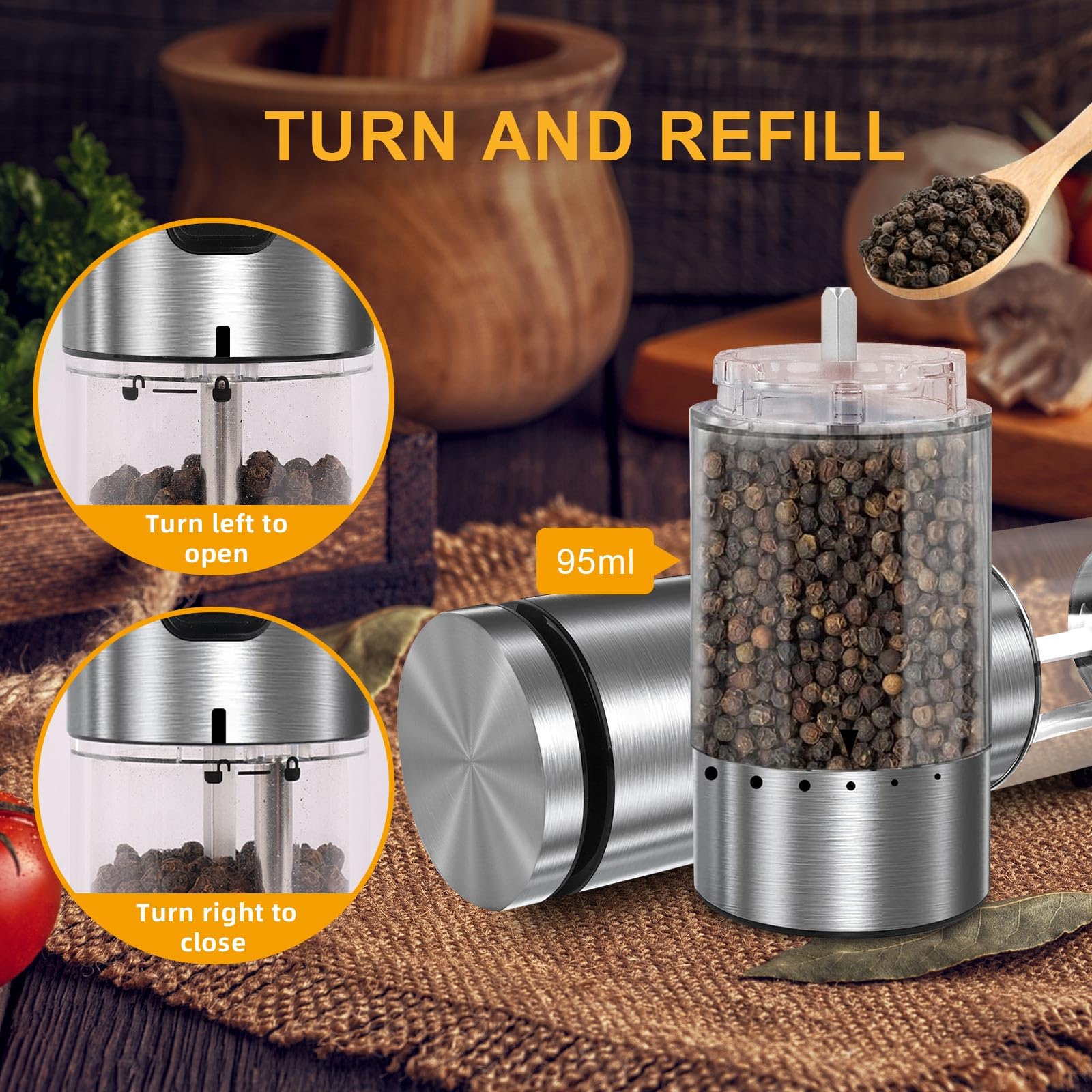 EIHO Electric Salt and Pepper Grinder Set, USB Rechargeable, Adjustable Coarseness, Stainless Steel, Large, Model ESAPGS-2