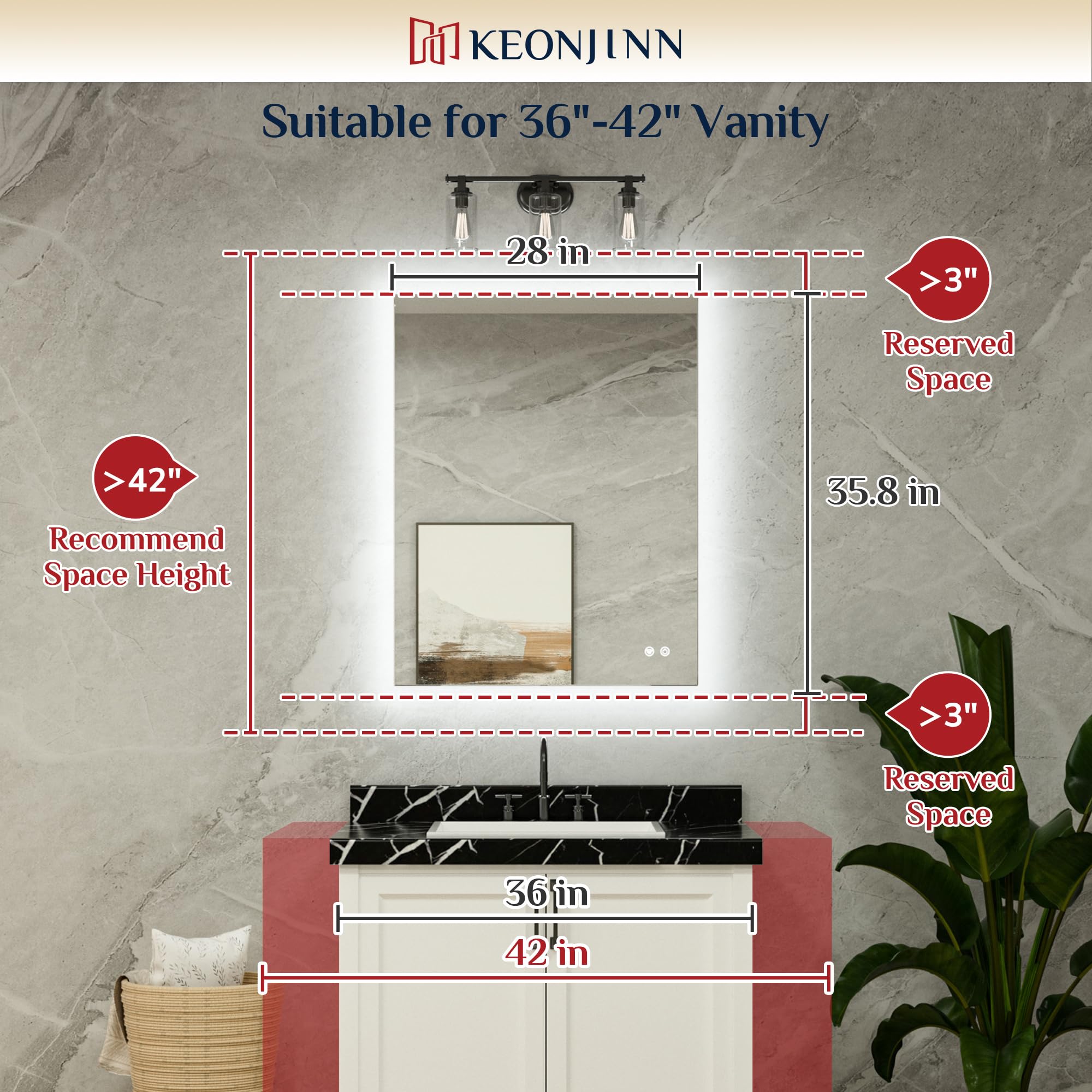 Keonjinn 28 x 36 Inch LED Backlit Mirror Bathroom Lighted Vanity Mirror, 3 Colors Warm/Natural/White Lights High Lumens 5573LM,