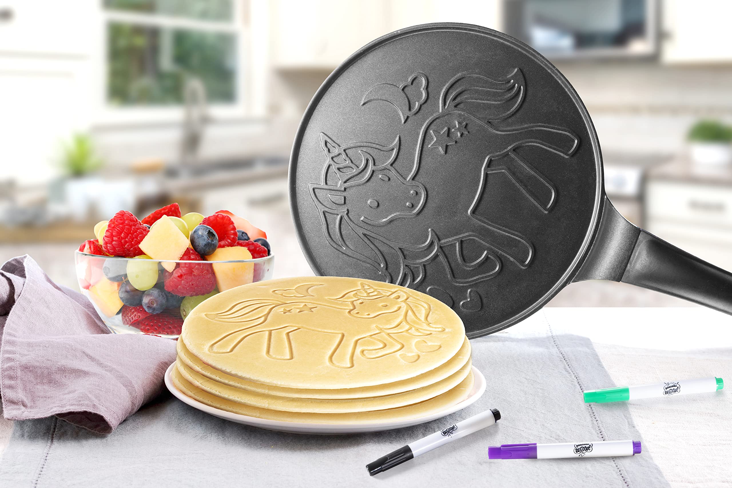 Cucinapro Large 10'' Unicorn Pancake Pan - Nonstick Skillet With Set Of 6 Edible Food Markers For Decorating Pancakes, Aluminum,
