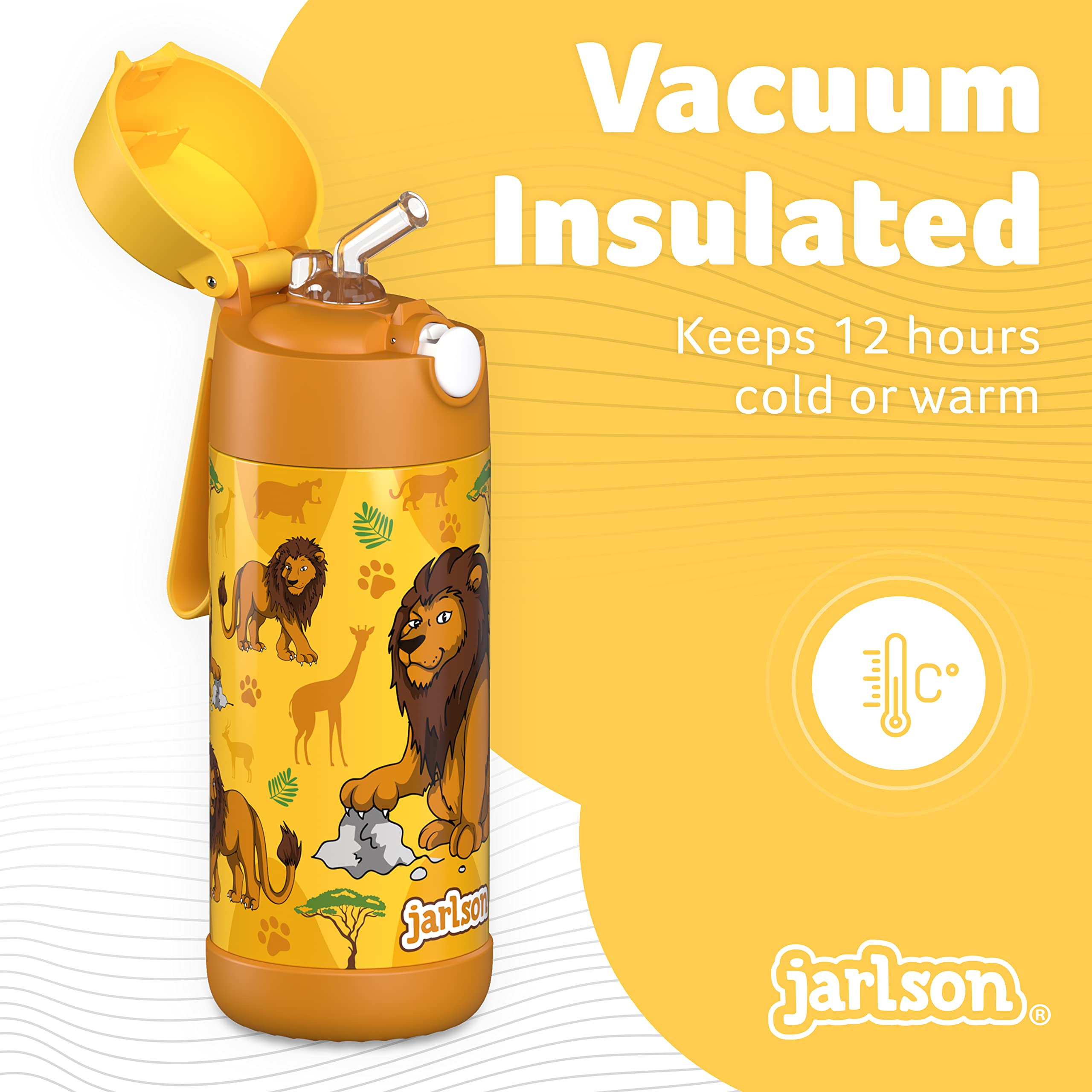 JARLSON kids water bottle with straw - cHARLI - insulated stainless steel water bottle - thermos - girlsboys (Lion Star  12 oz)