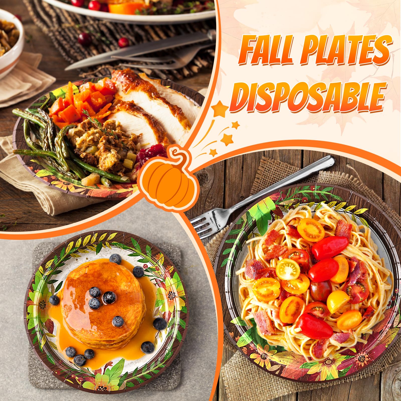 Homlouue 200 Pcs Fall Paper Plates and Napkins, Thanksgiving Plates and Napkins Sets, Fall Pumpkins Plate Disposable Party Suppl