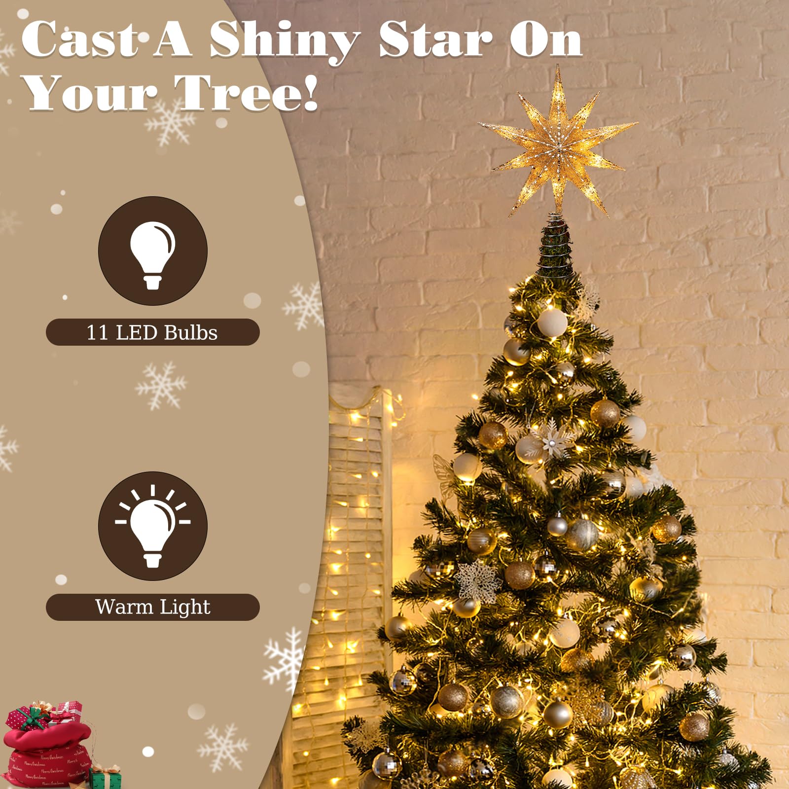 Lewondr Christmas Tree Topper Star, 13inch Xmas Tree Topper with LED Light Beads, Remote & USB Operated 10-Point Star Treetop fo