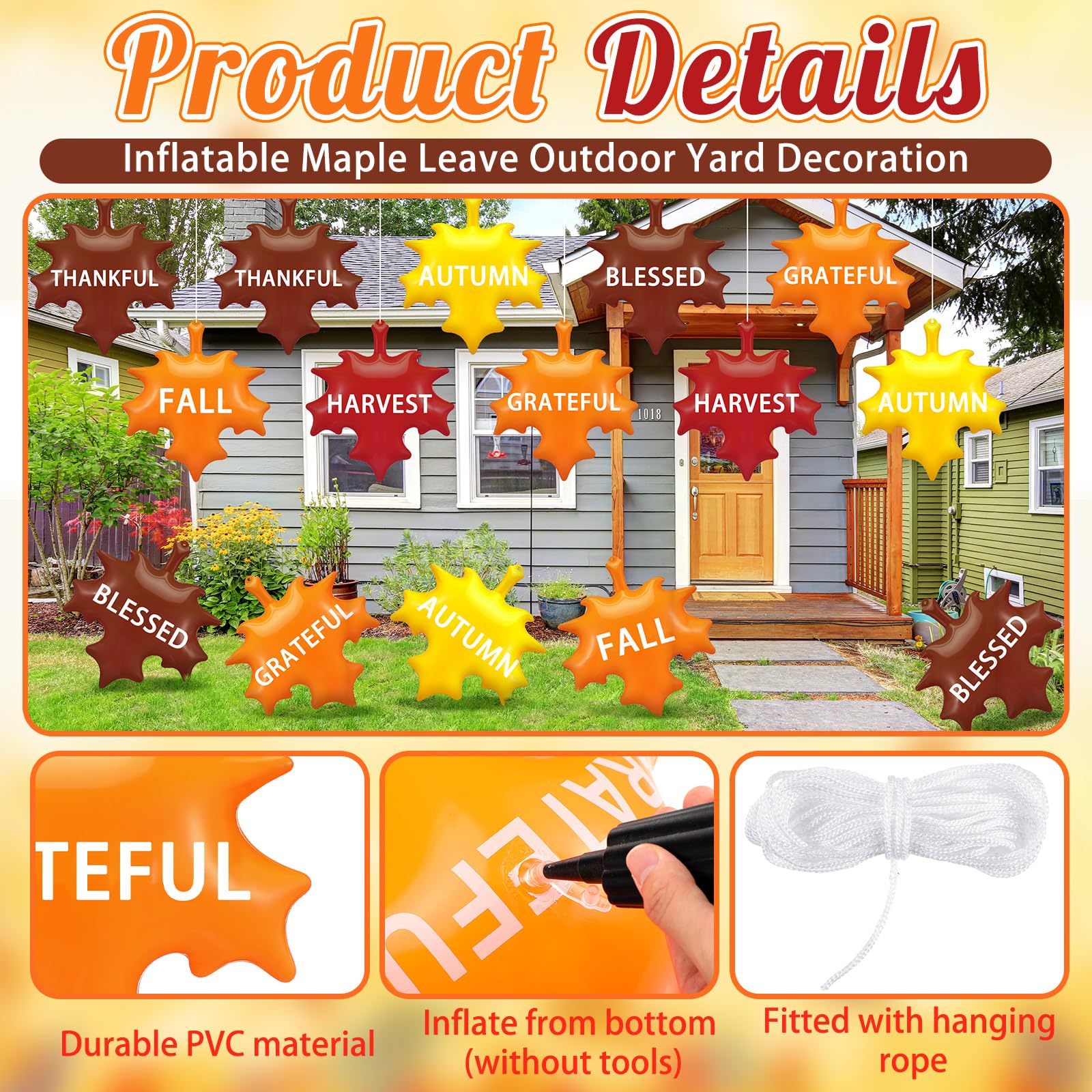 Leyndo 12 Pieces 14 Inch Thanksgiving Fall Inflatable Maple Leaf Outdoor Decorations Autumn Maple Leaf Inflatable Hanging Orname