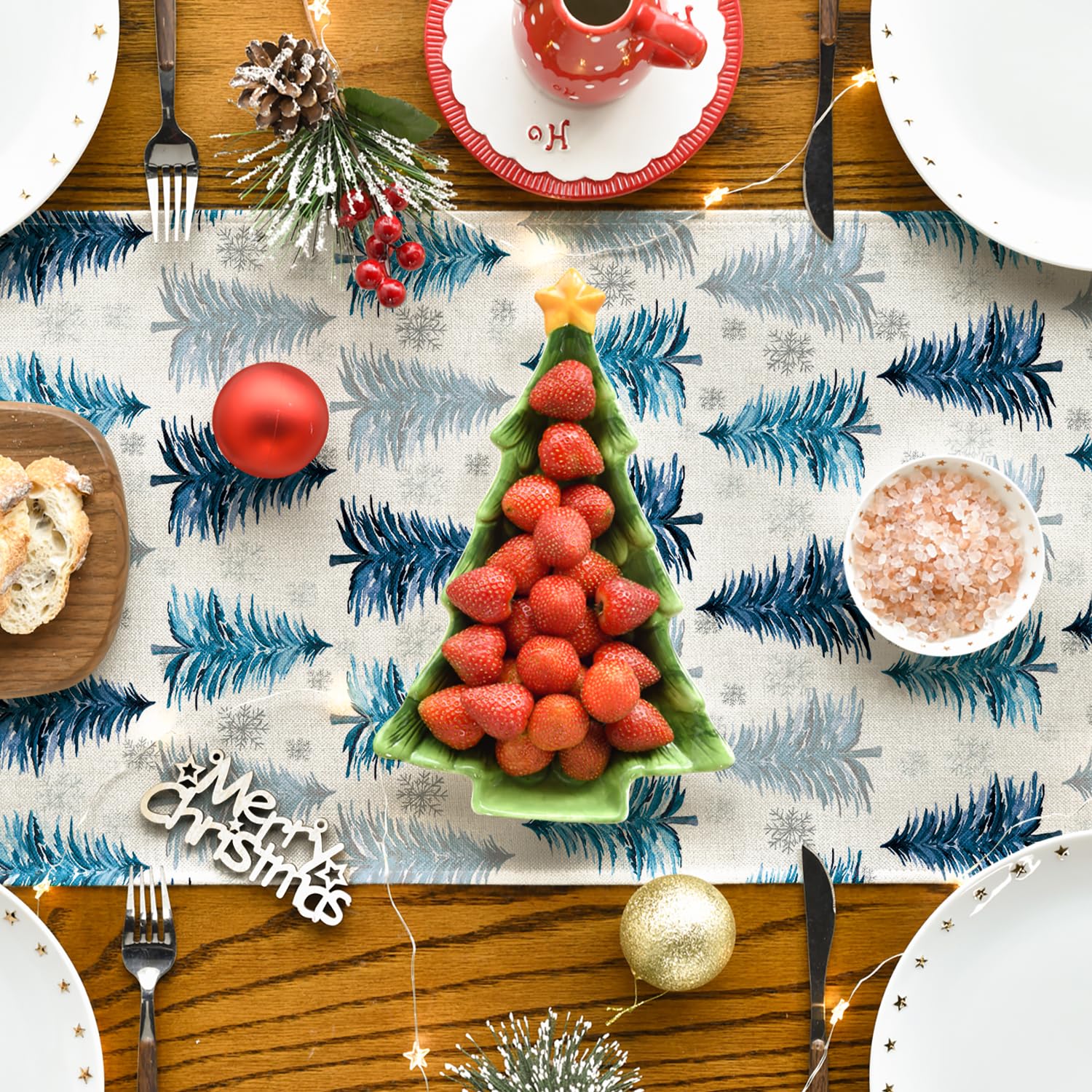 Artoid Mode Xmas Trees Snowflake Christmas Table Runner, Seasonal Winter Blue Kitchen Dining Table Decoration For Home Party Dec