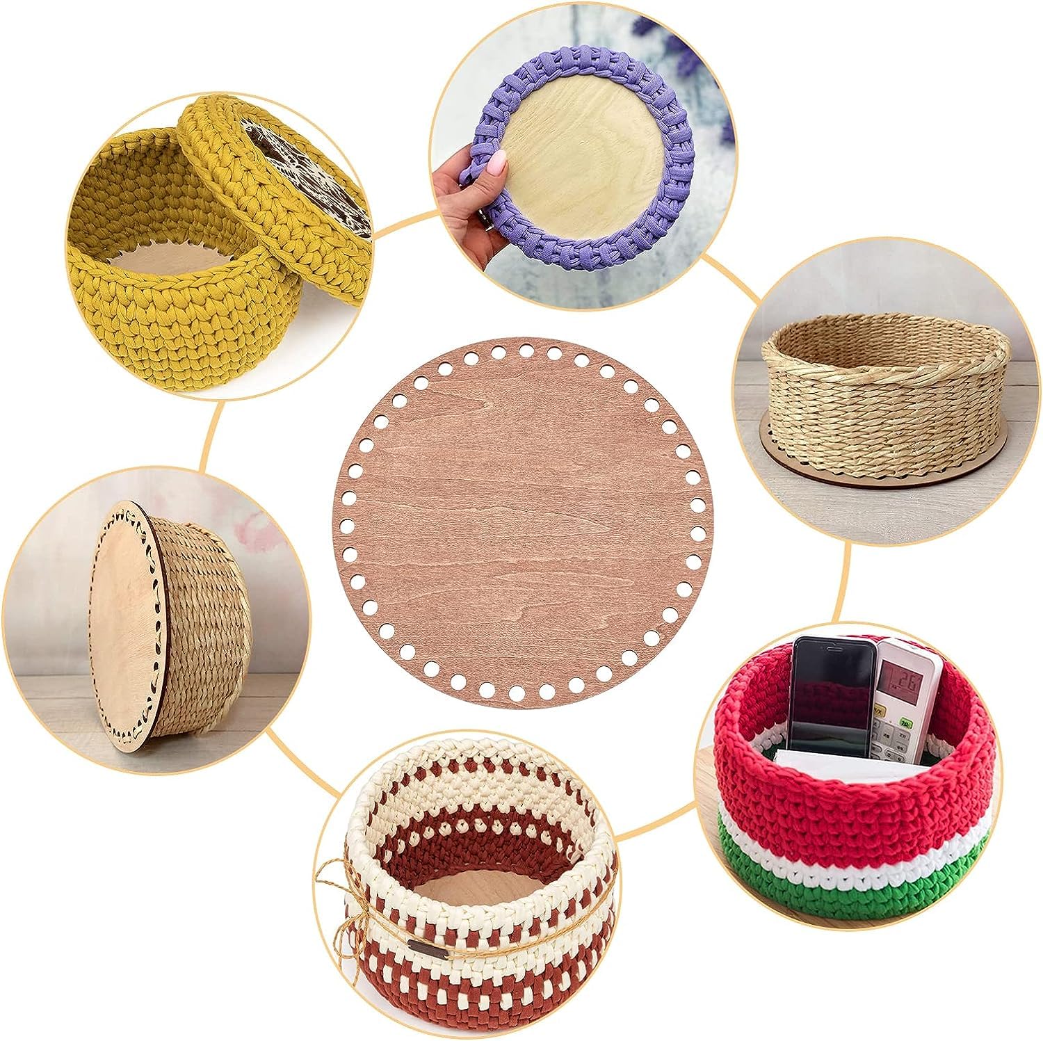 Haoser Pack of 6 Basket Bottom for Crochet Unfinished Wooden Round Weaving Knitting Base for Crafts|Wooden Bottom for Crochet Ba