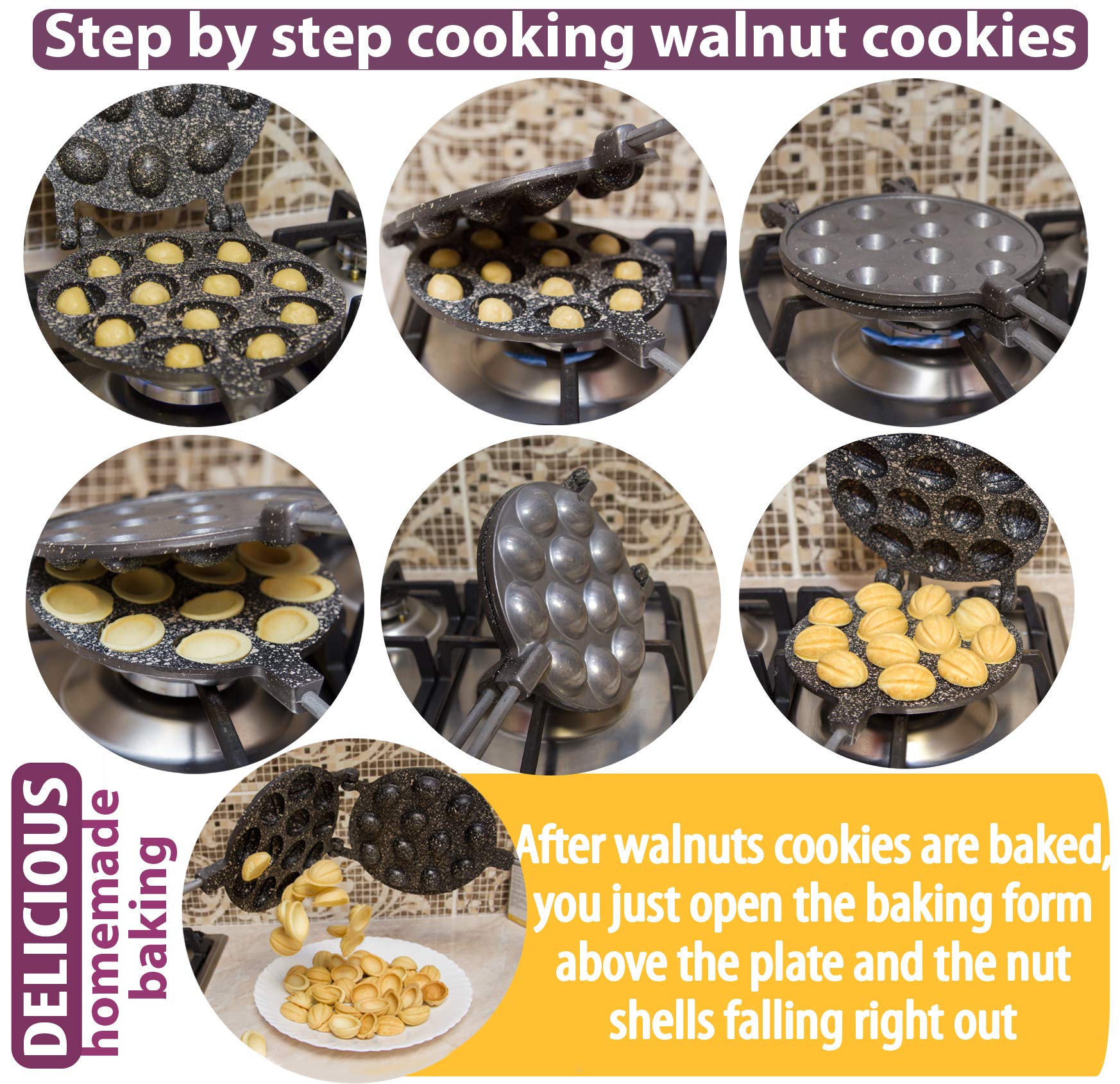 Walnut Cookie Maker 12 Halves Non-Stick Coating Granite Stone Cookies Pastry