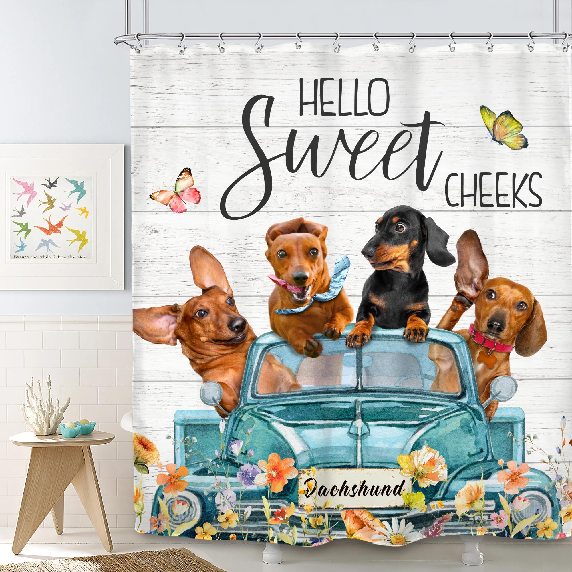 Svbright Funny Dog Shower Curtain 60Wx72L Inch Kids Farmhouse Spring Floral Cute Animal Puppy Rustic Flower Blue Truck Wooden Pl