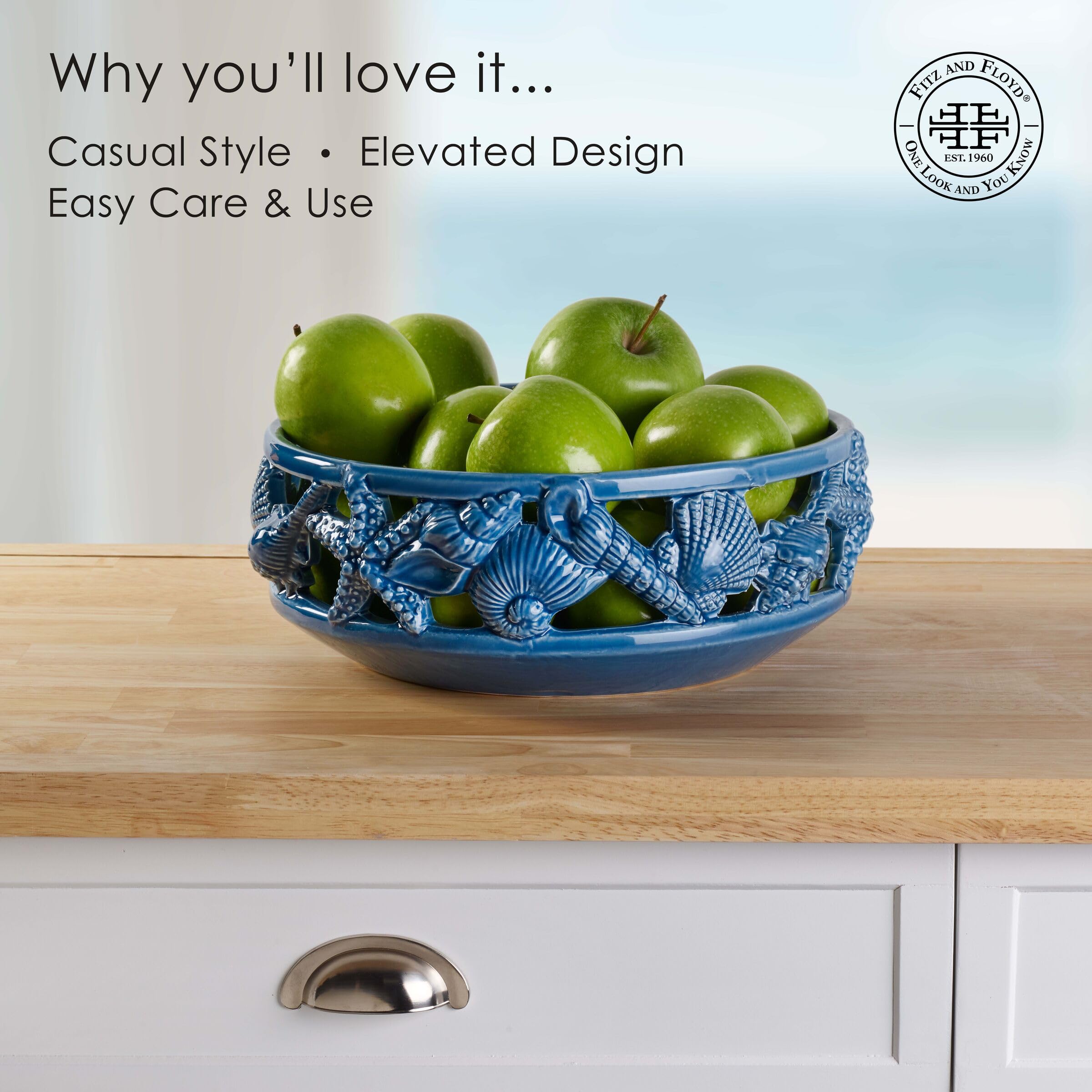Fitz And Floyd Coastal Home Centerpiece Bowl, 11.5 Inch, Blue