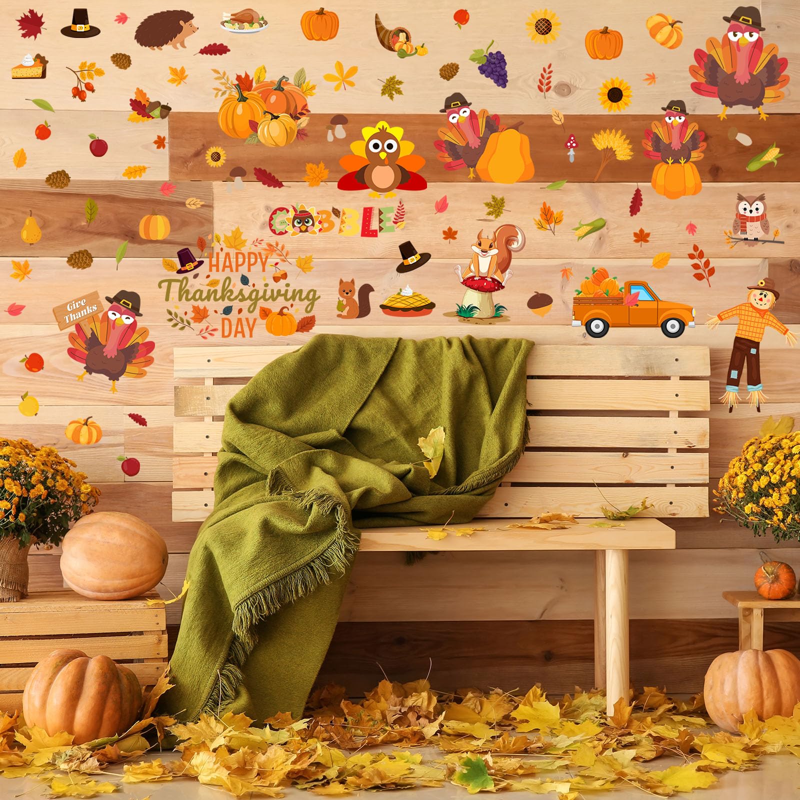 ReliThick 6 Sheets Thanksgiving Wall Decals Turkey Wall Decals Pumpkin Turkey Clings for Glass Peel and Stick Thanksgiving Decor