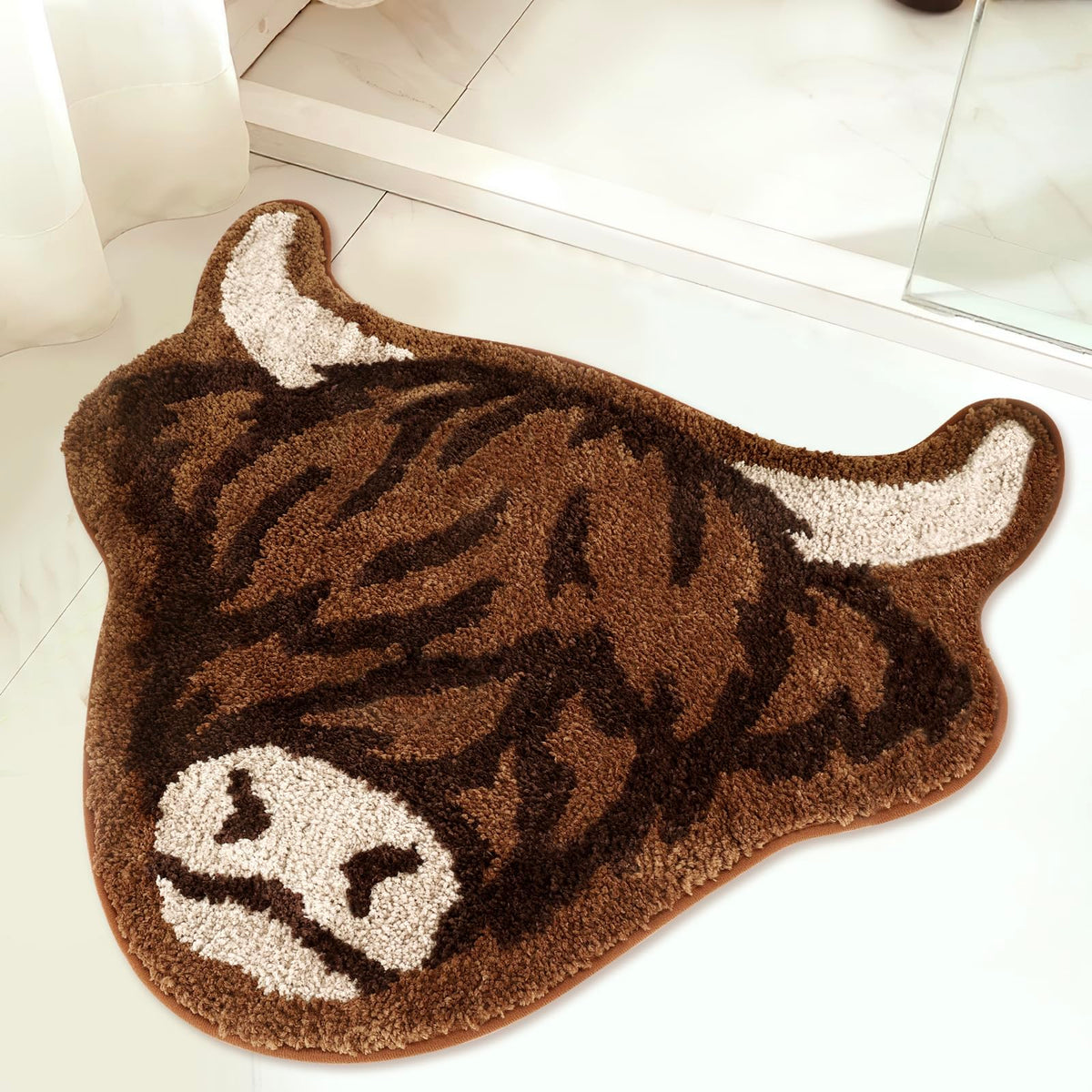 Percozzi Highland Cow Tufted Rug Bath Mat Scottish Long Horn Fluffy Cow Bathroom Shower Mat Softness Bathmat Aesthetic Floor Car