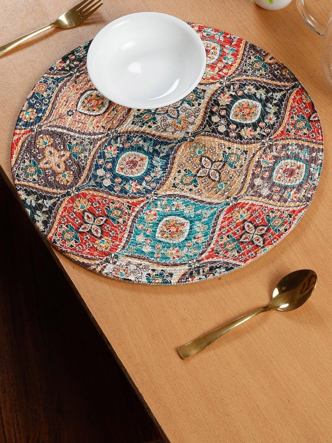 Round Table Placemat with Bohemian Multicolour Floral Patchwork Design