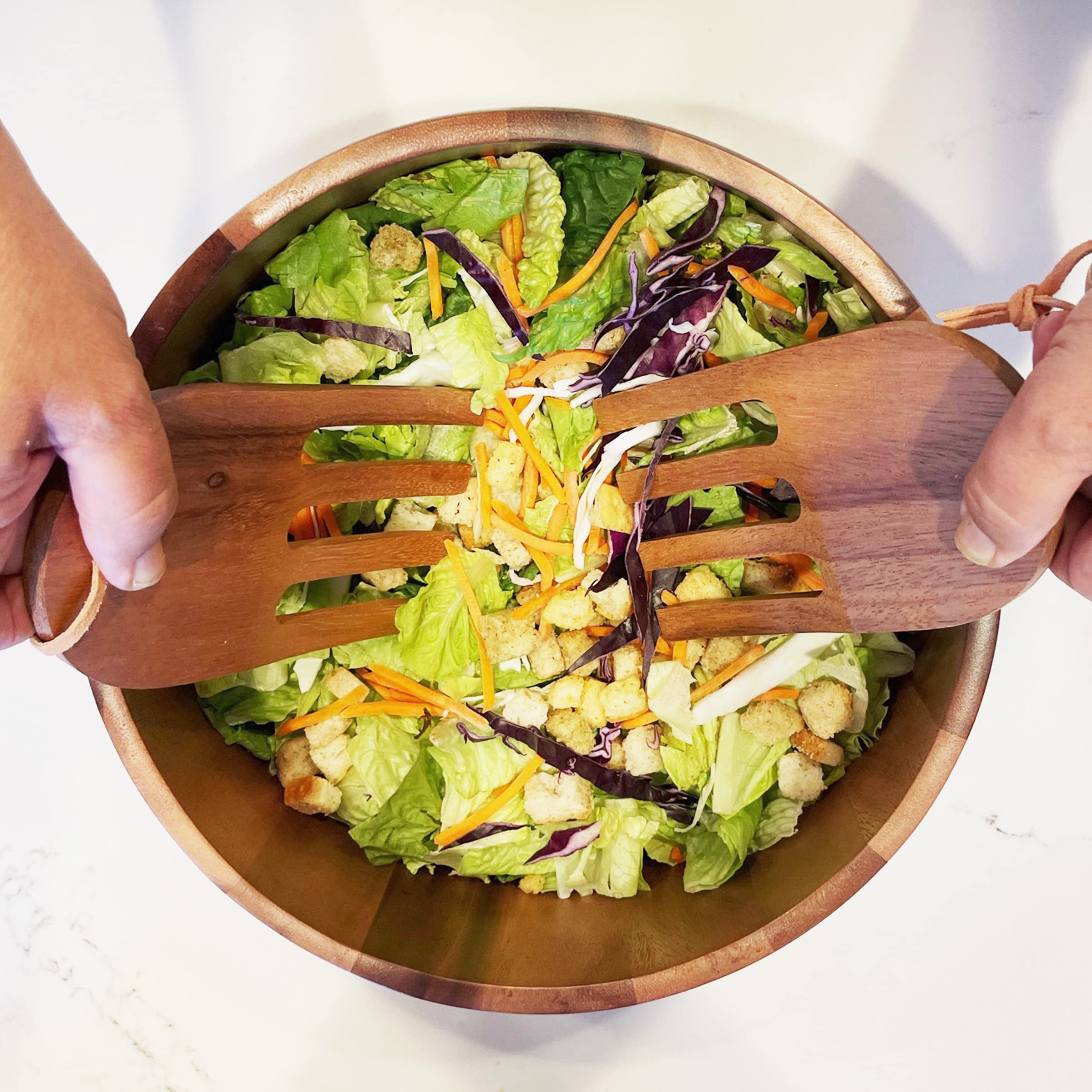 Woodard & Charles Acacia Wood Serving Bowl Set, 12" x 5", 3 Pieces with Salad Hands, Natural Finish, Model WTT208-230