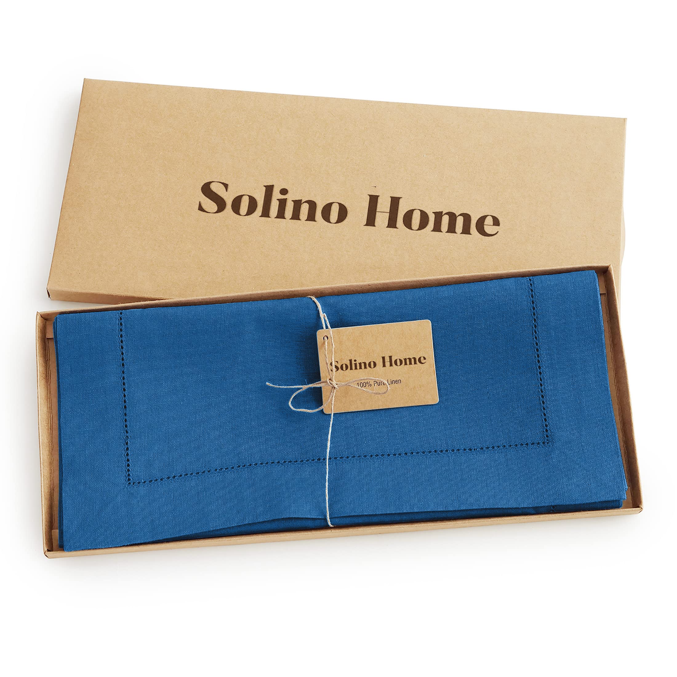 Solino Home Linen Indigo Blue Table Runner 72 Inches Long - 100% Pure Linen Classic Hemstitch Dining Table Runner 14 X 72 Inch I