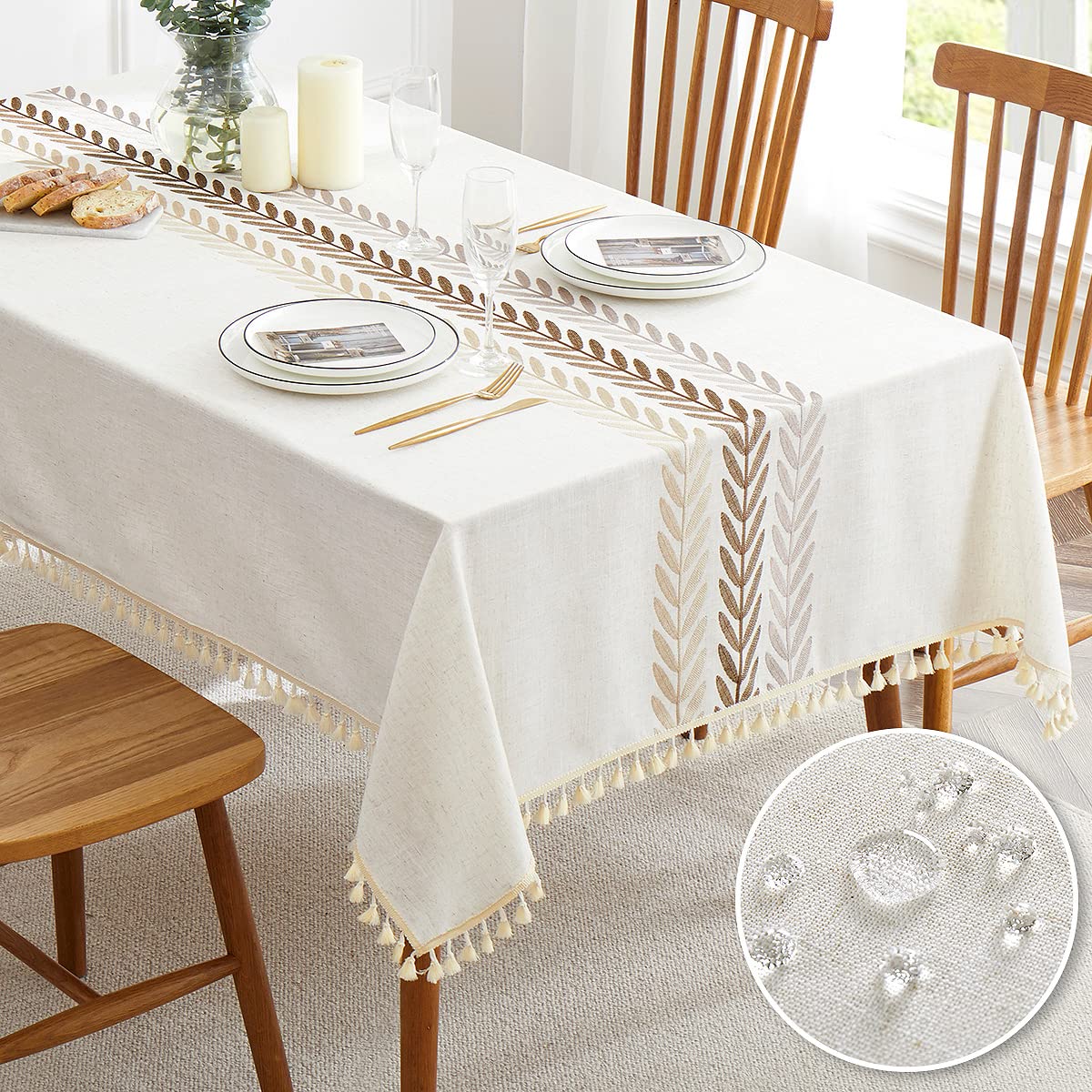 Qianquhui Embroidered Tablecloth For Dining Table,Dust Proof Spillproof Soil Resistant Cotton Linen Rectangle Table Cloths (Coff