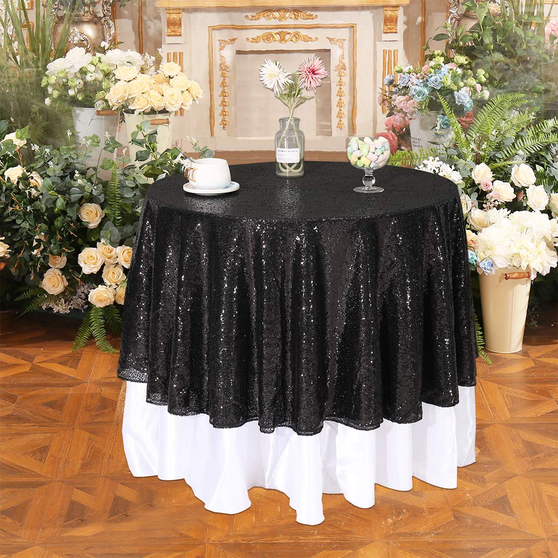 Partydelight Sequin Tablecloth Round 50'' Black Tablecloth Shimmer Table Cloths Sparkle Glitter Christmas Decorations