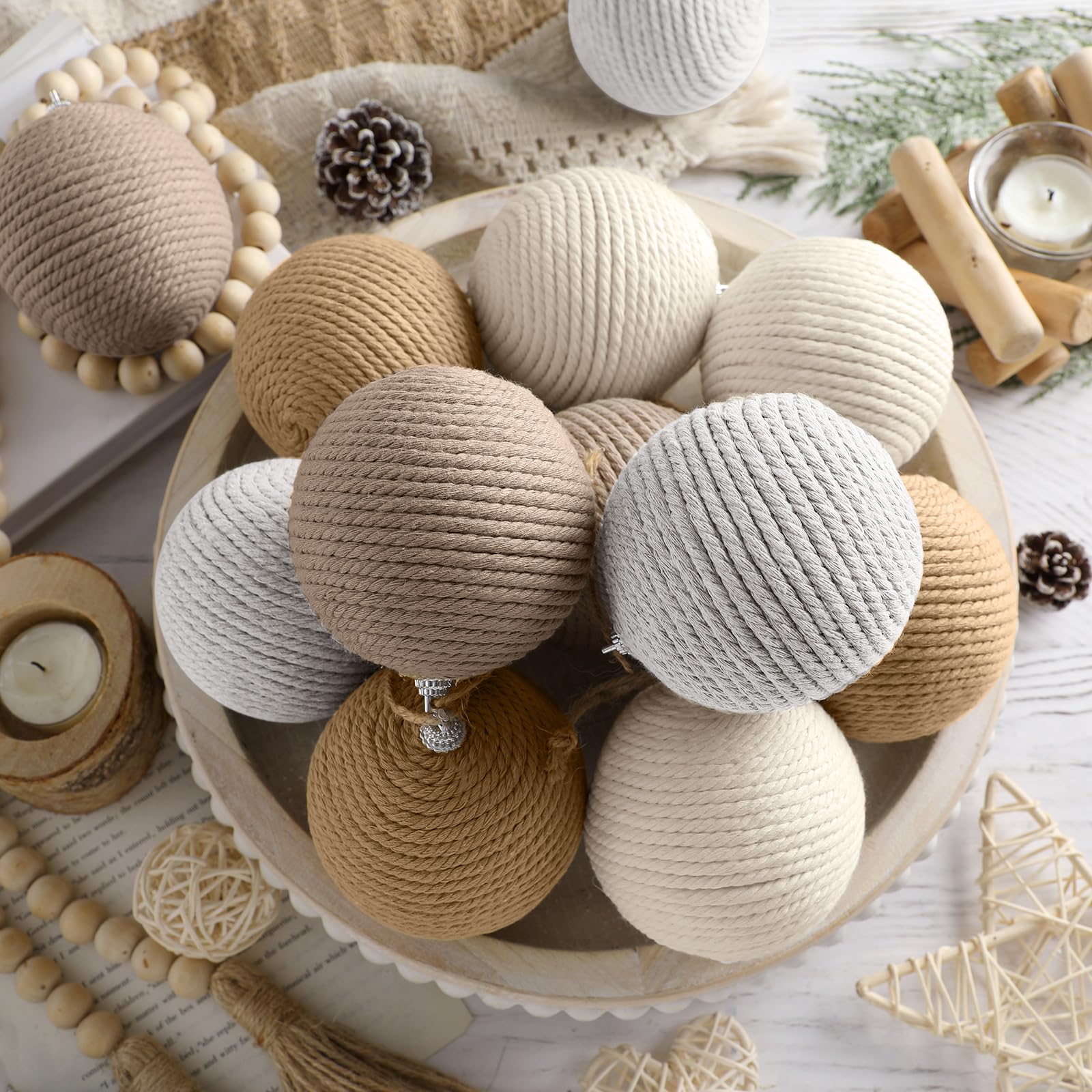 PullCrease 12 Pcs Neutral Burlap Christmas Ball Ornament 3.15 Inch Farmhouse Boho Jute Rope Woven Xmas Baubles Rustic Modern Nat