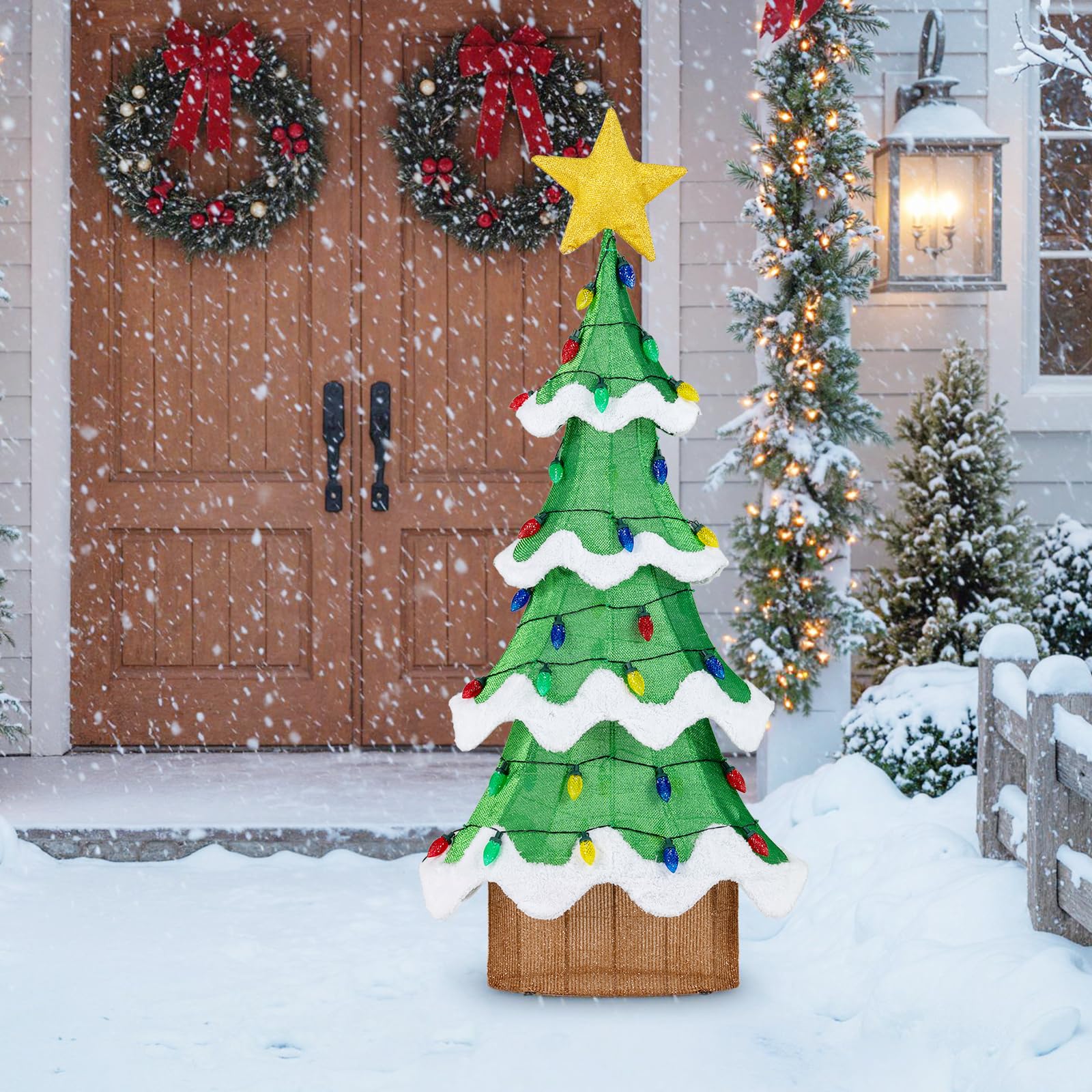 Tangkula 5.2 FT Christmas Lighted Tree, Indoor Outdoor 3D Pre-Lit Xmas Tree with 34 Colorful Strawberry Bulbs, Green & Warn Yell