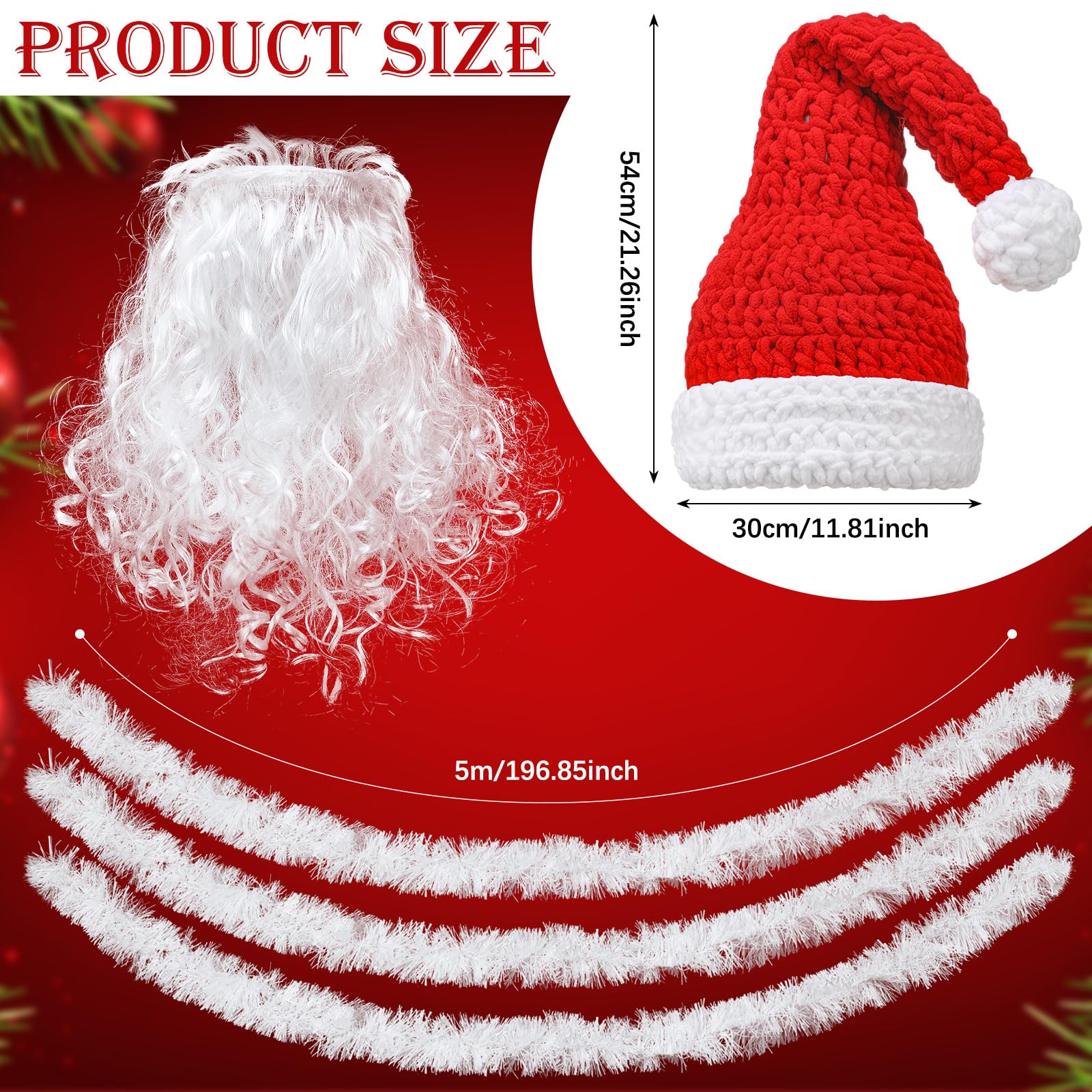 Gejoy 5 Pcs Santa Christmas Tree Christmas Santa Claus Decor Red Crochet Xmas Hat with White Beard and Foil Tinsel Clothes Garla