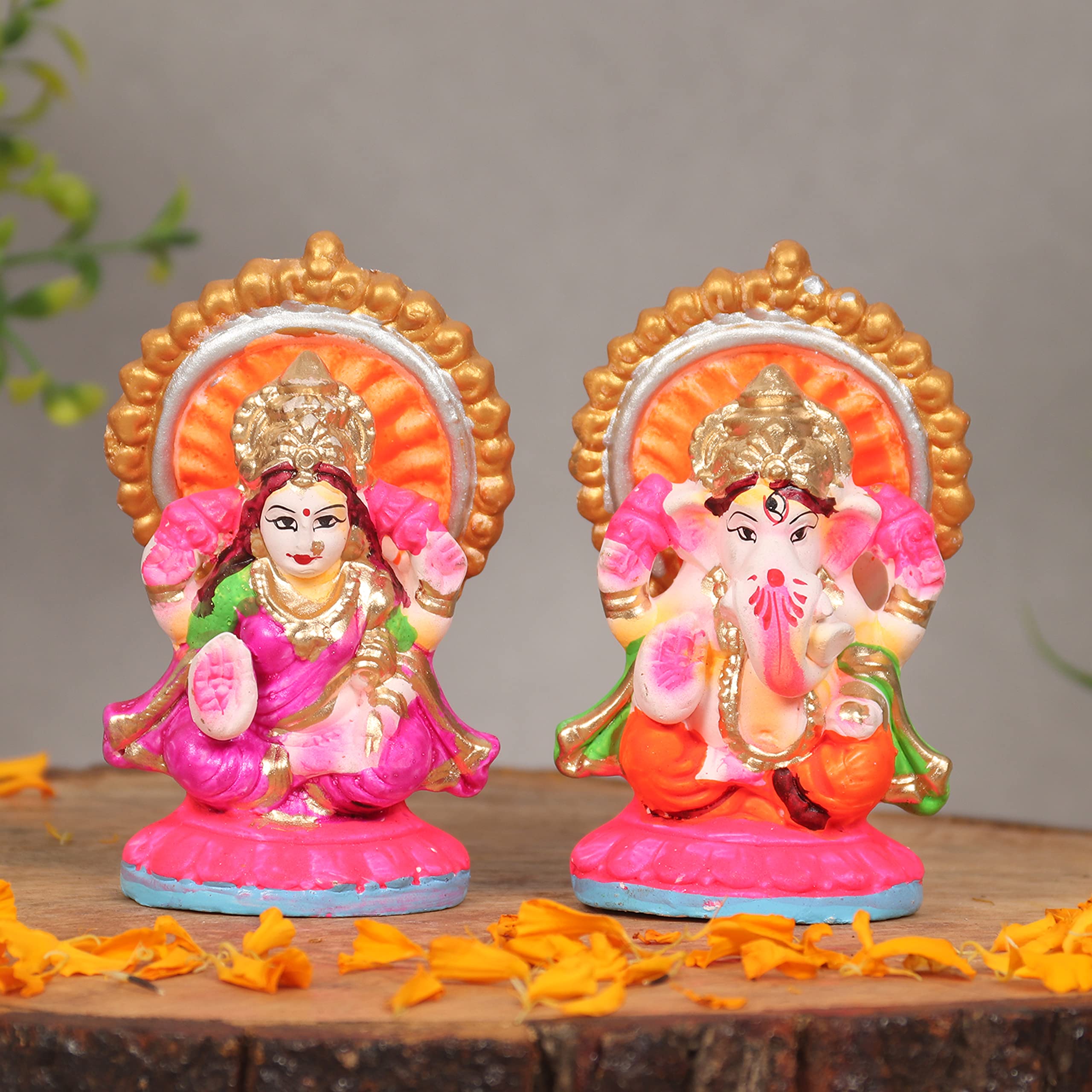 Khajuraho Crafts | Vibrant Small Laxmi Ganesh Set Idol | Terracotta Clay-Based Lakshmi Ganesha Idols for Diwali Gifts Puja (3.5 