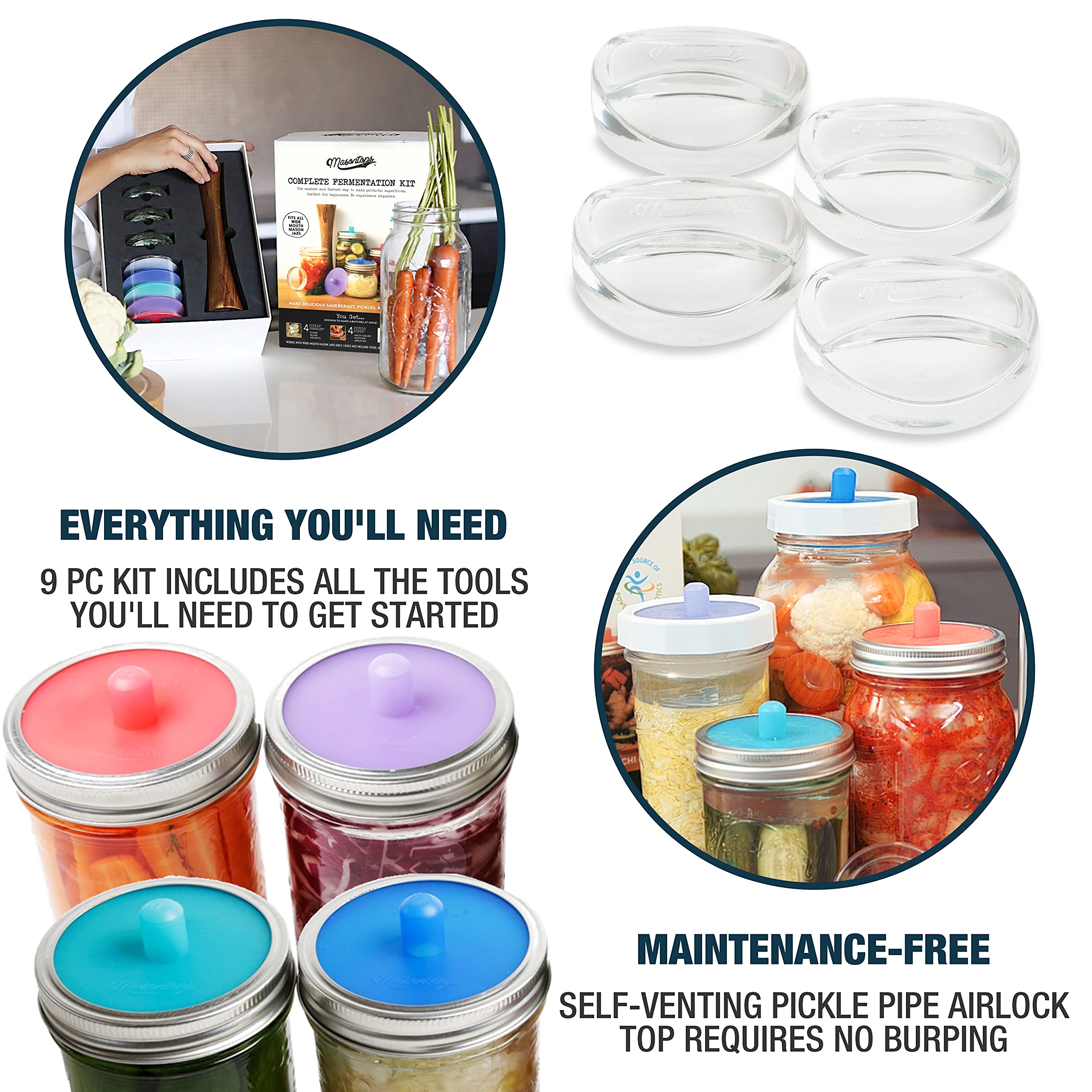 Masontops Complete Mason Jar Fermentation Kit - Easy Small/Regular Mouth Jars Vegetable Fermenting Set - Diy Equipment Essential