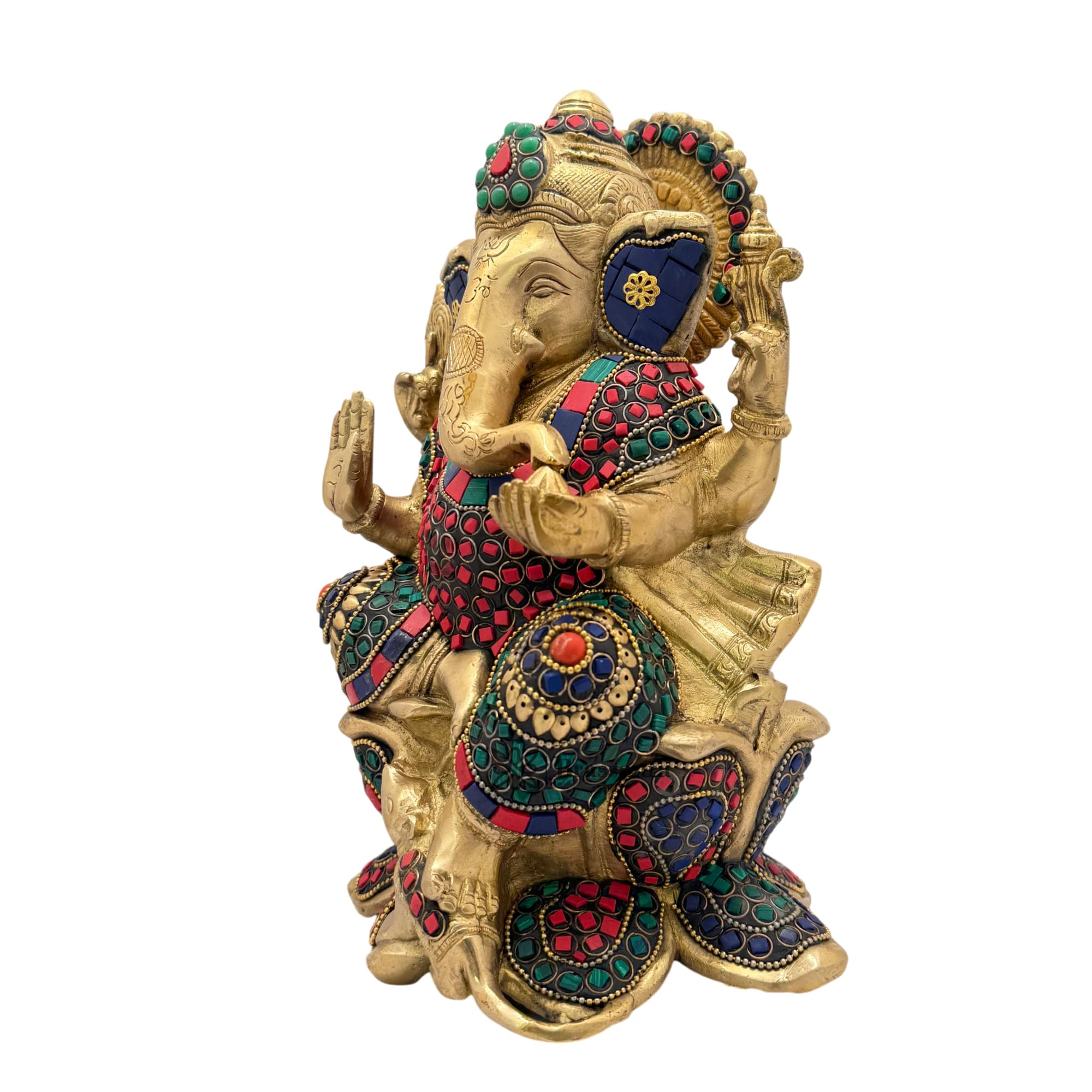 Brassaura Brass Ganesha Gem Stone Work Statue For Home And Decor Brass Ganesh Murti For Pooja Room Ganpati Idol For Home Entrace